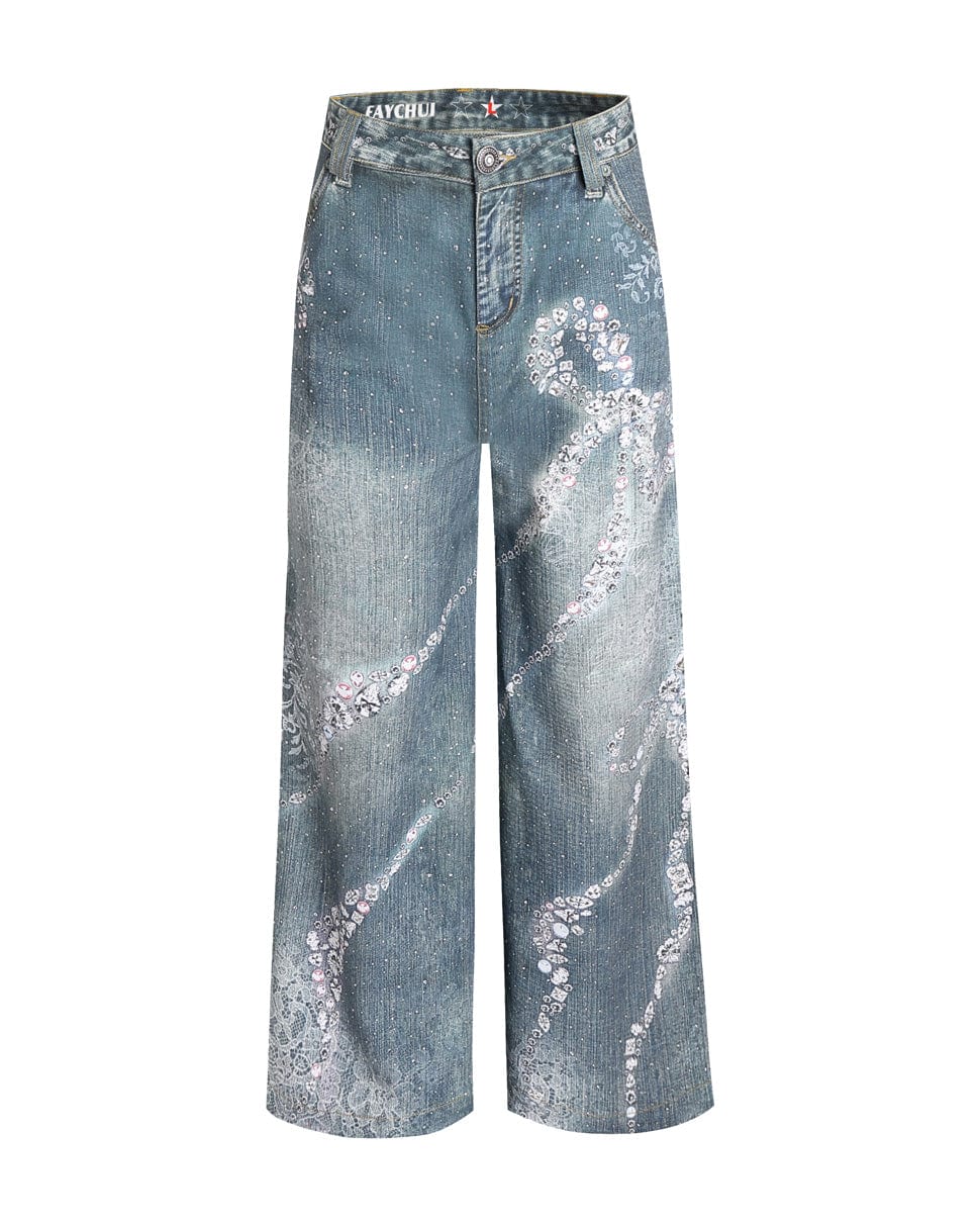 FAYCHUI Washed Crystal Bow Wide-Leg Jeans