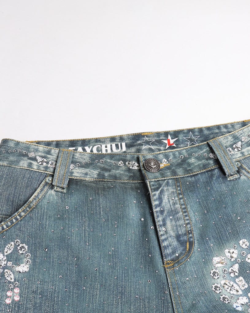 FAYCHUI Washed Crystal Bow Wide-Leg Jeans