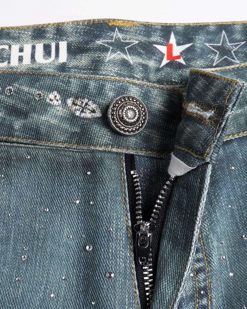 FAYCHUI Washed Crystal Bow Wide-Leg Jeans