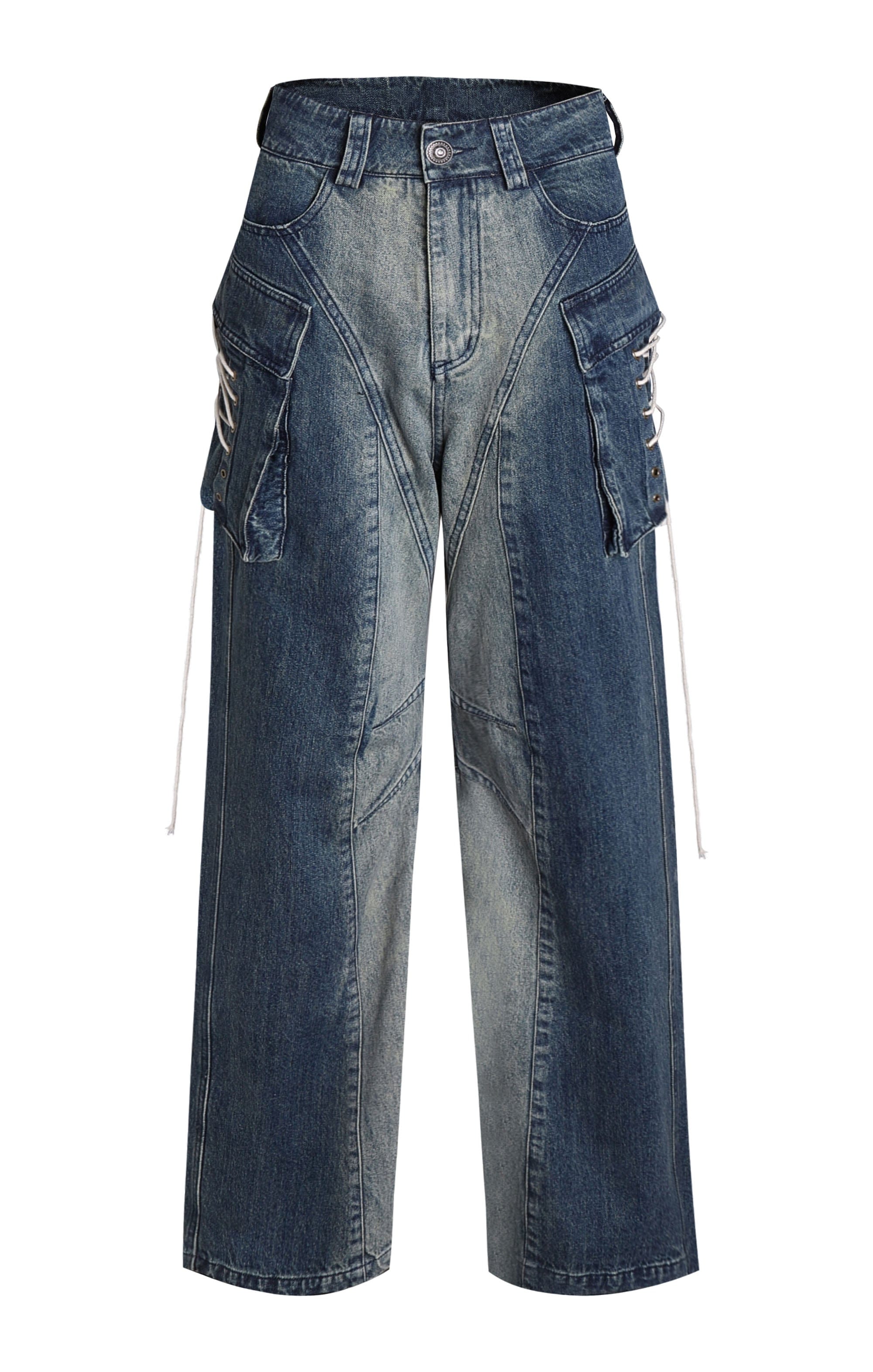 FAYCHUI Gradient Washed Lace-Up Pocket Jeans
