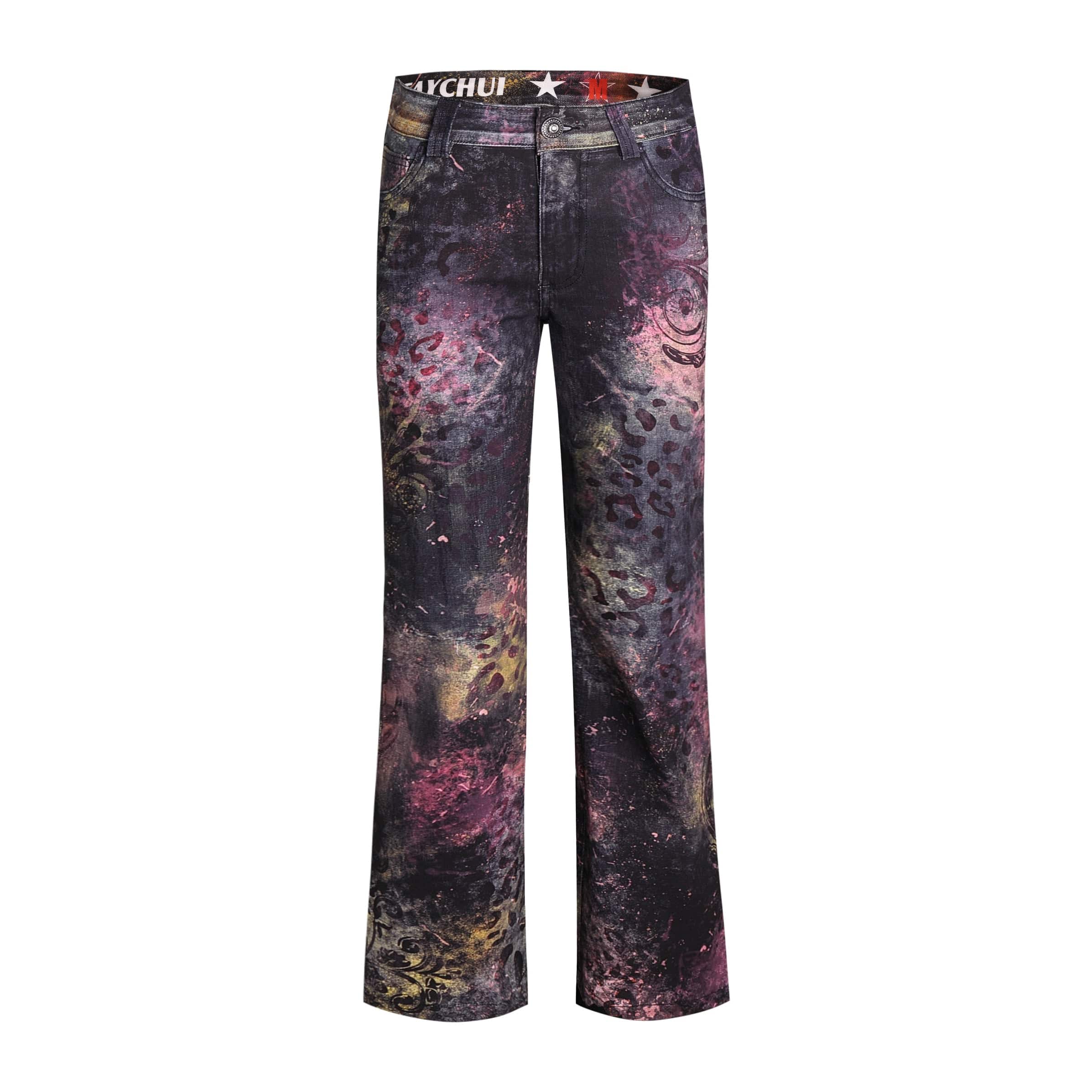 FAYCHUI Graffiti Leopard Full-Print Flared Jeans