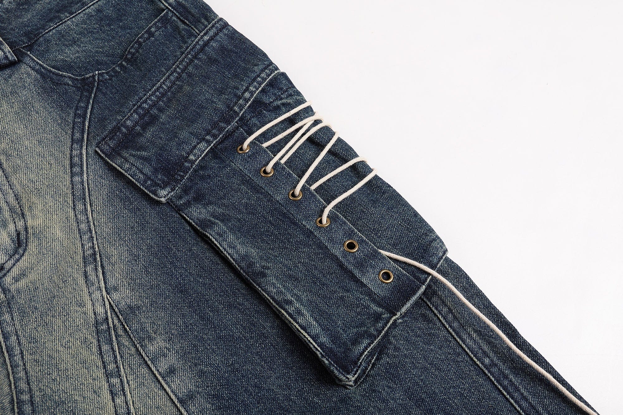 FAYCHUI Gradient Washed Lace-Up Pocket Jeans