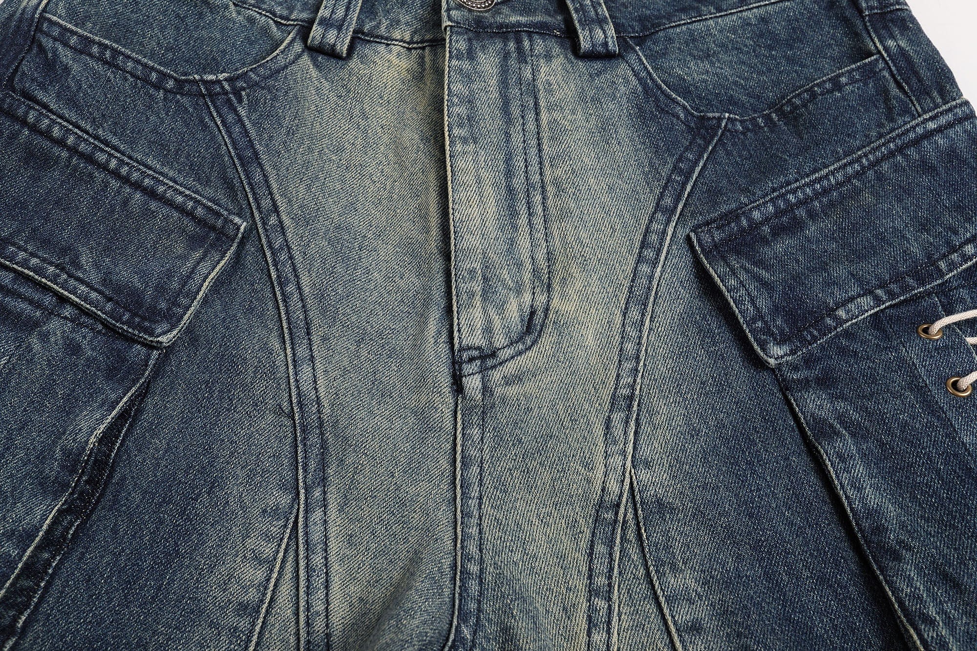 FAYCHUI Gradient Washed Lace-Up Pocket Jeans
