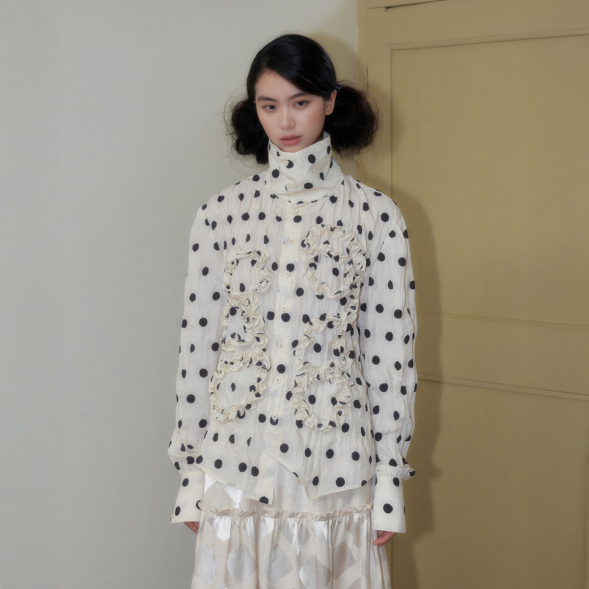 SENSELF Polka Dot Ruffle Trim High-Neck Shirt