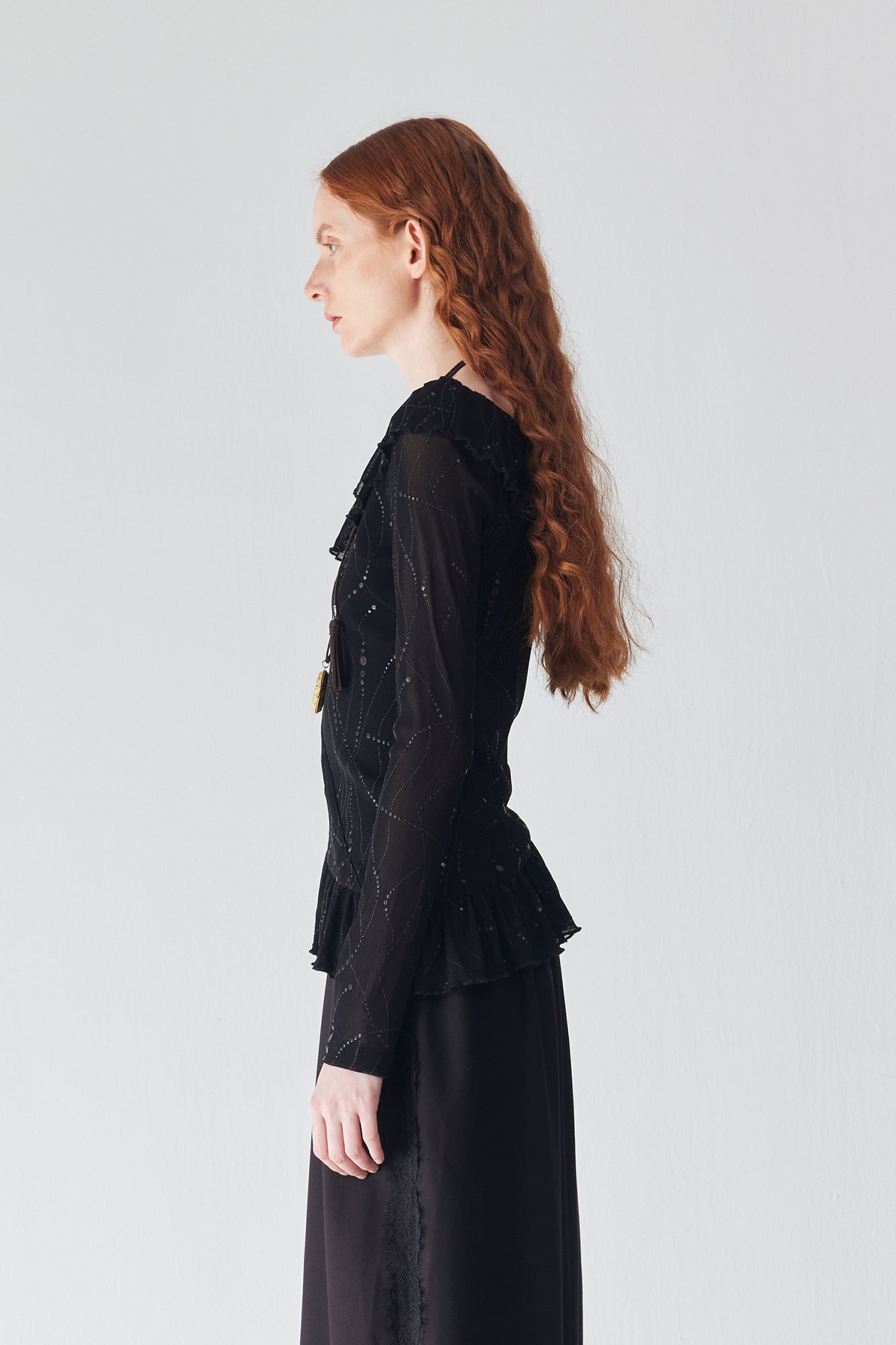 JIUWU PARK Off-Shoulder Ruffle-Hem Mesh Long-Sleeve Tee