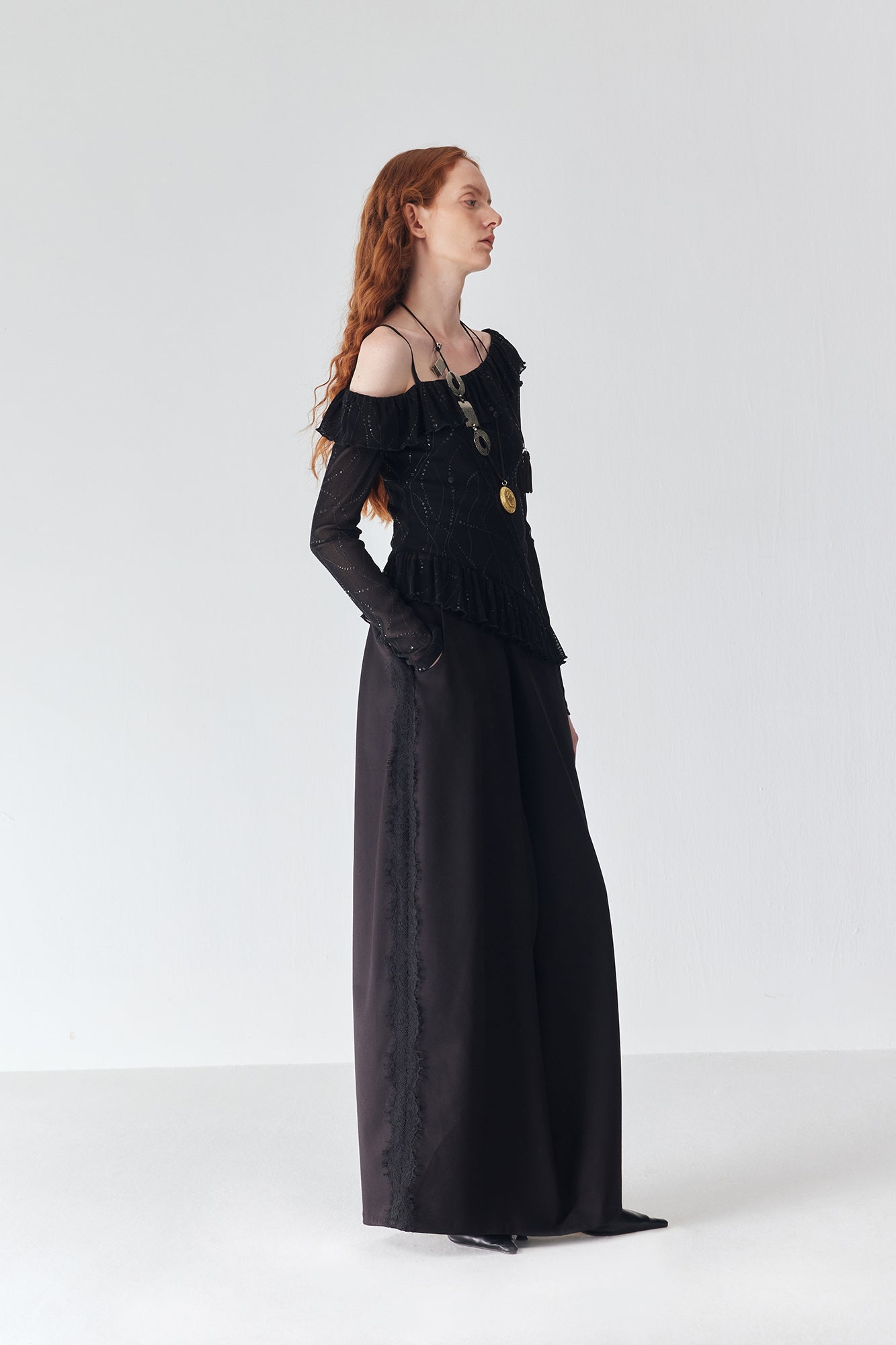 JIUWU PARK Off-Shoulder Ruffle-Hem Mesh Long-Sleeve Tee