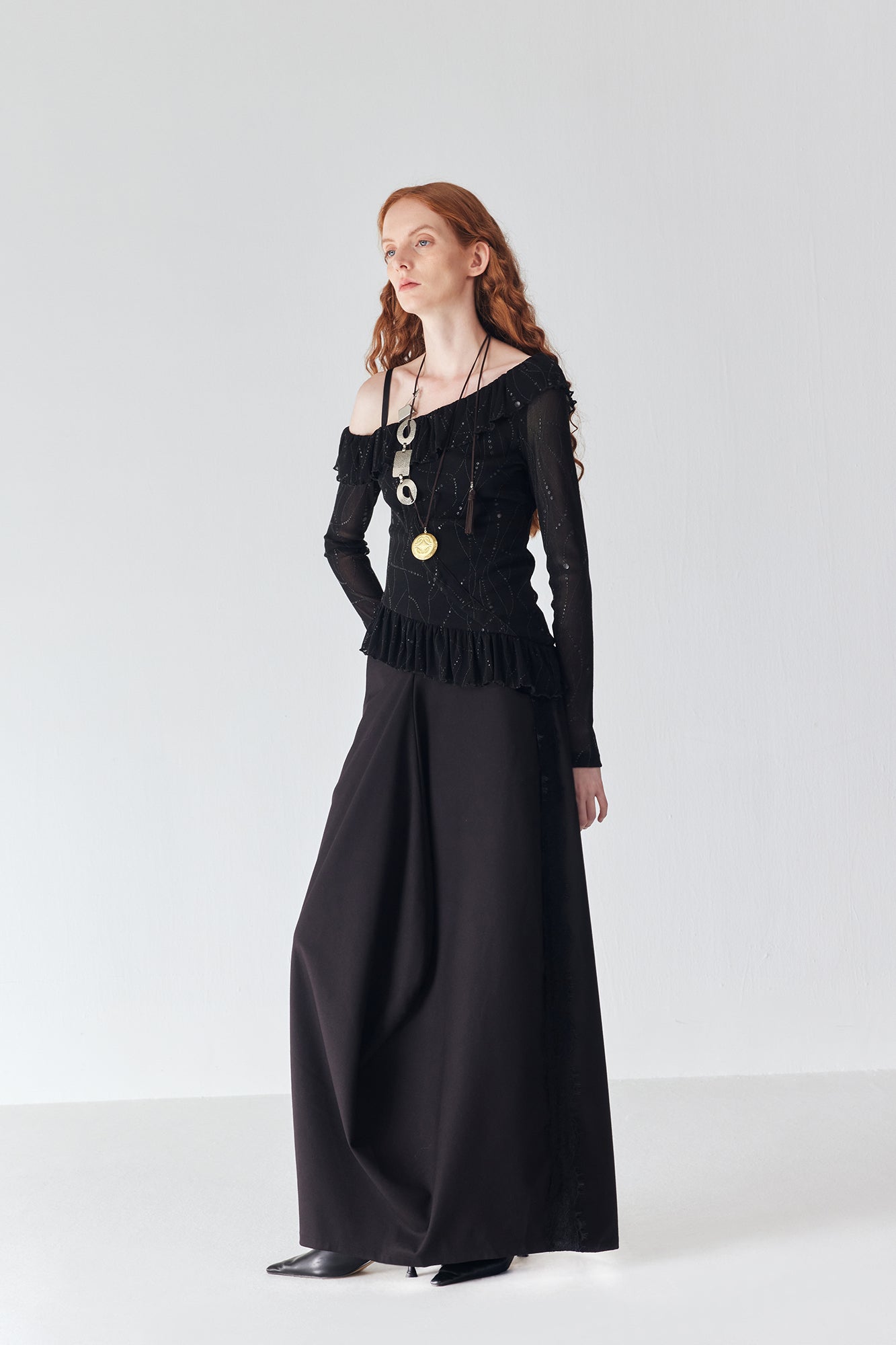 JIUWU PARK Off-Shoulder Ruffle-Hem Mesh Long-Sleeve Tee