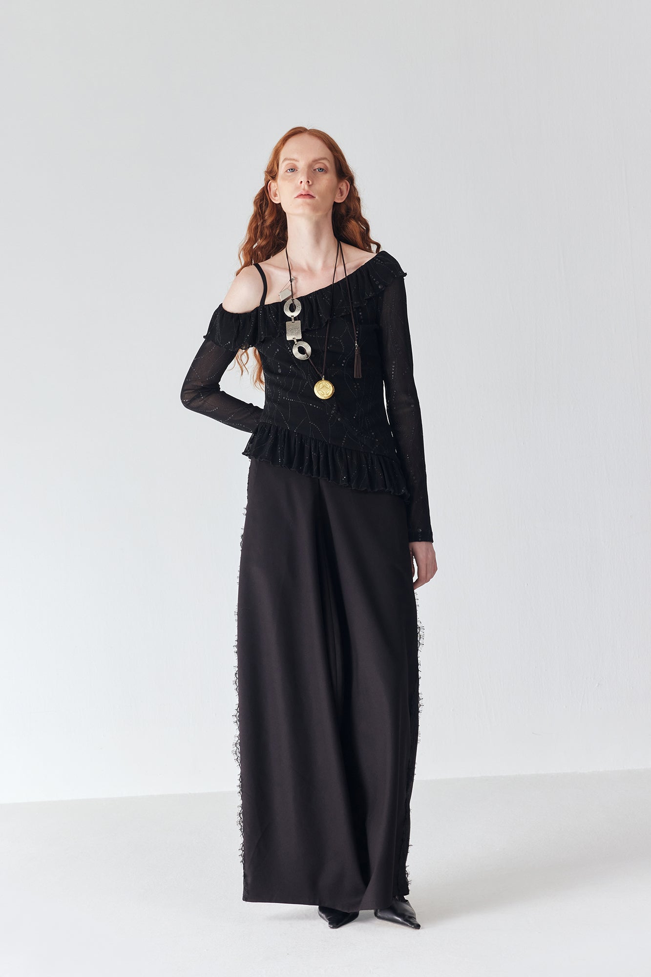 JIUWU PARK Off-Shoulder Ruffle-Hem Mesh Long-Sleeve Tee