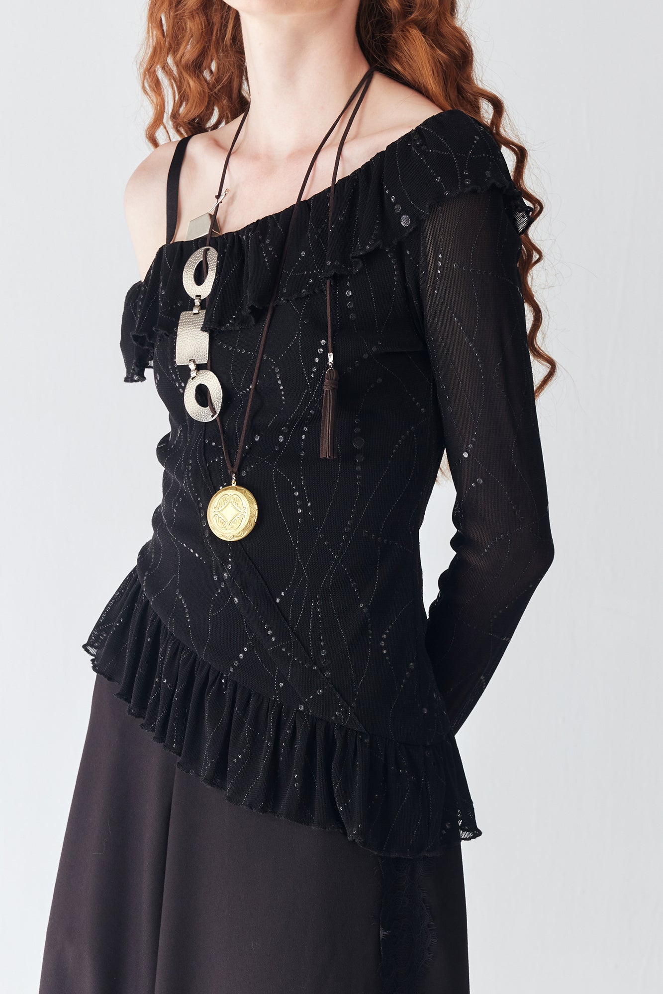 JIUWU PARK Off-Shoulder Ruffle-Hem Mesh Long-Sleeve Tee
