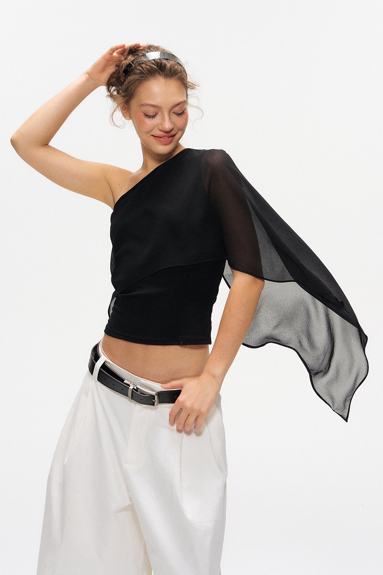 10AMSOTIIIIIIRED Asymmetrical Draped Cape-Sleeve Top