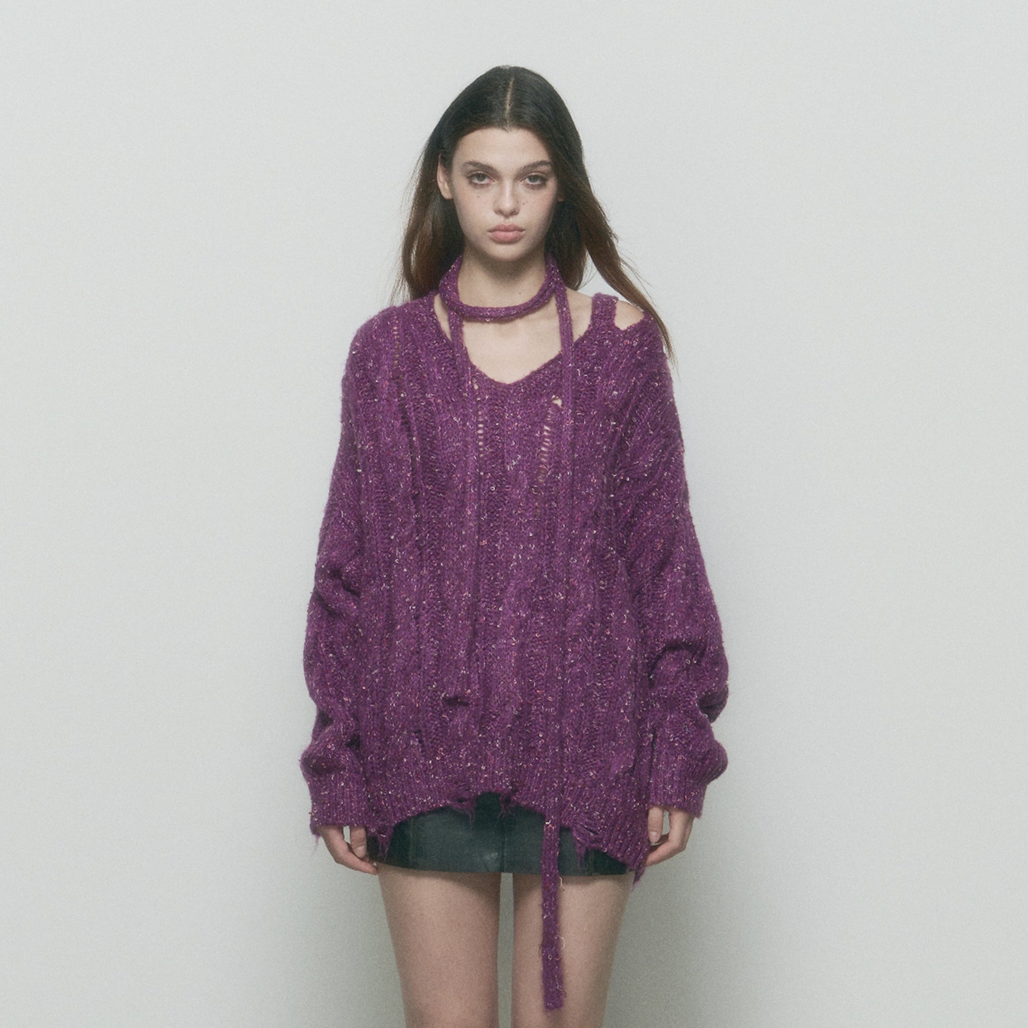 10AMSOTIIIIIIRED Distressed Sequin Open-Knit Sweater
