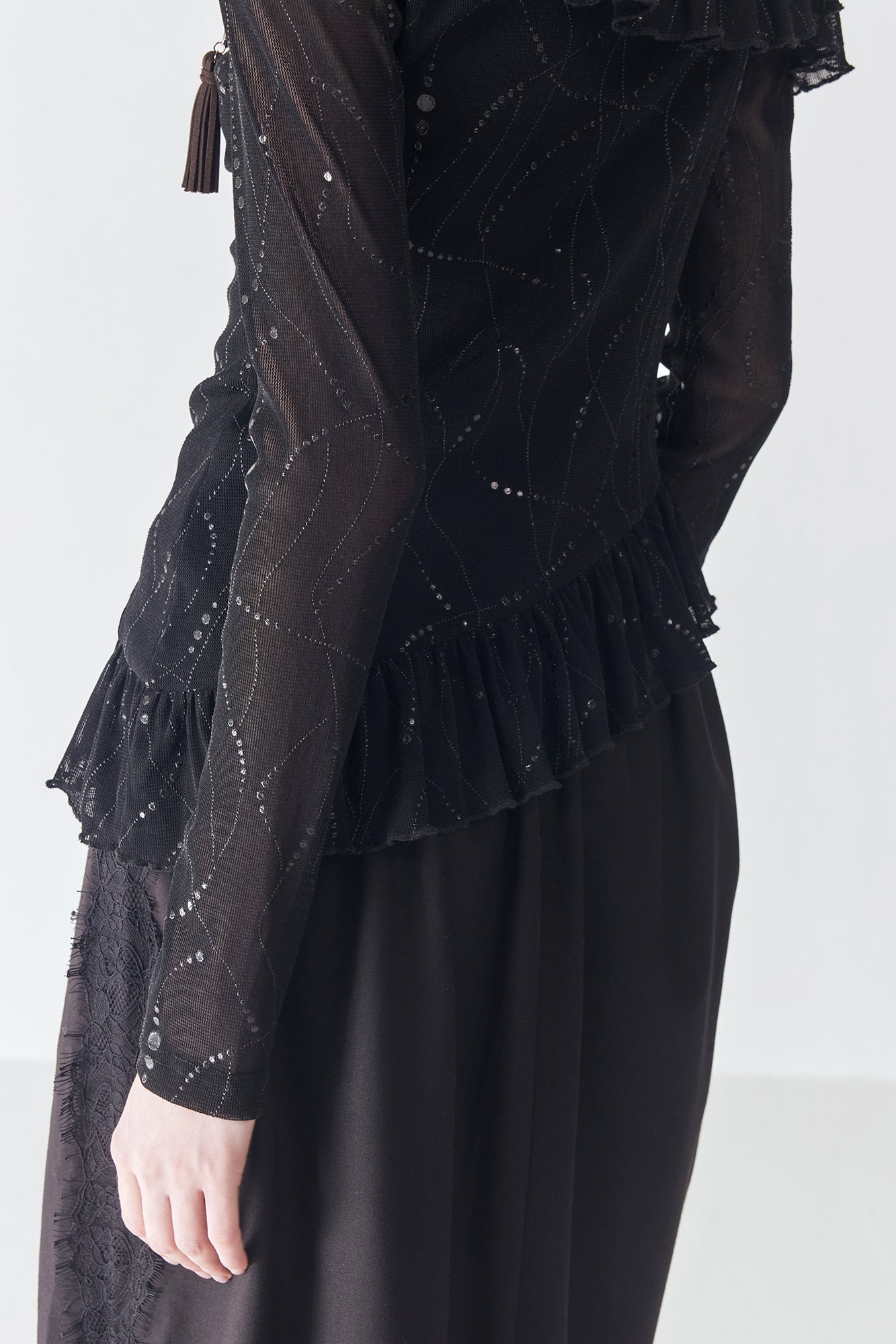 JIUWU PARK Off-Shoulder Ruffle-Hem Mesh Long-Sleeve Tee