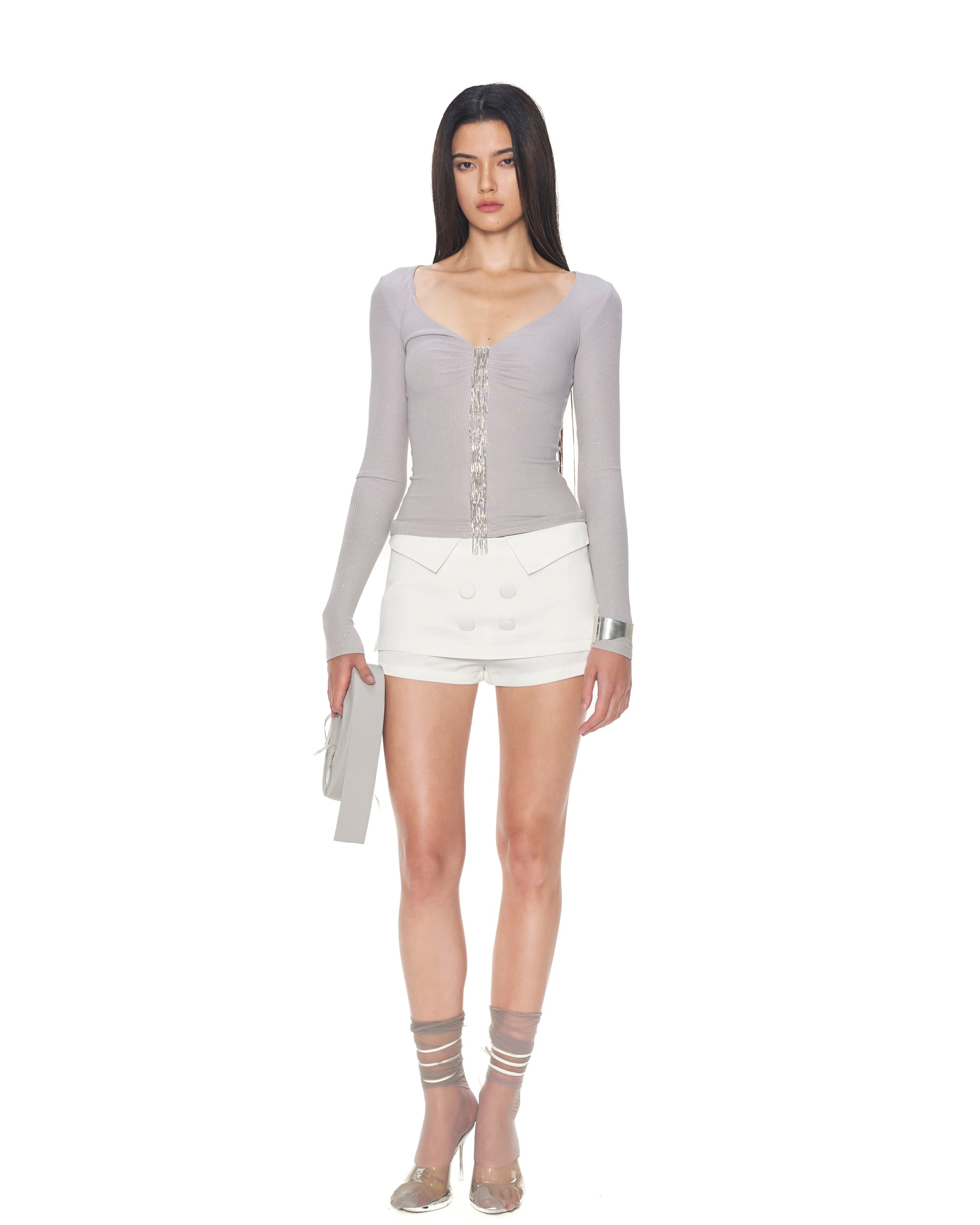 NEVER OFFEND L ANGEL Sparkle Fringe V-Neck Long-Sleeve Top