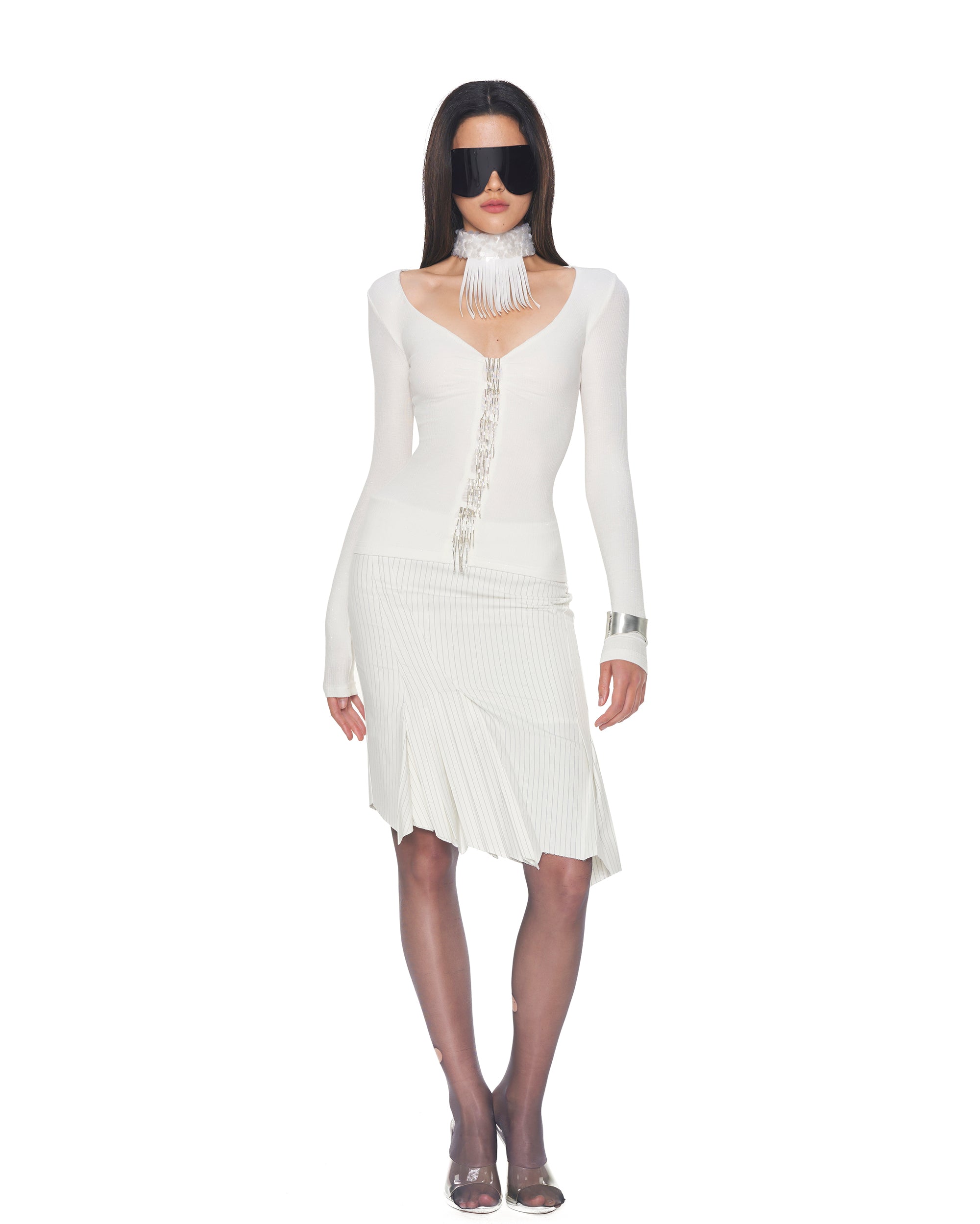 NEVER OFFEND L ANGEL Asymmetric Hem Stripe Double-Layer Pleated Skirt