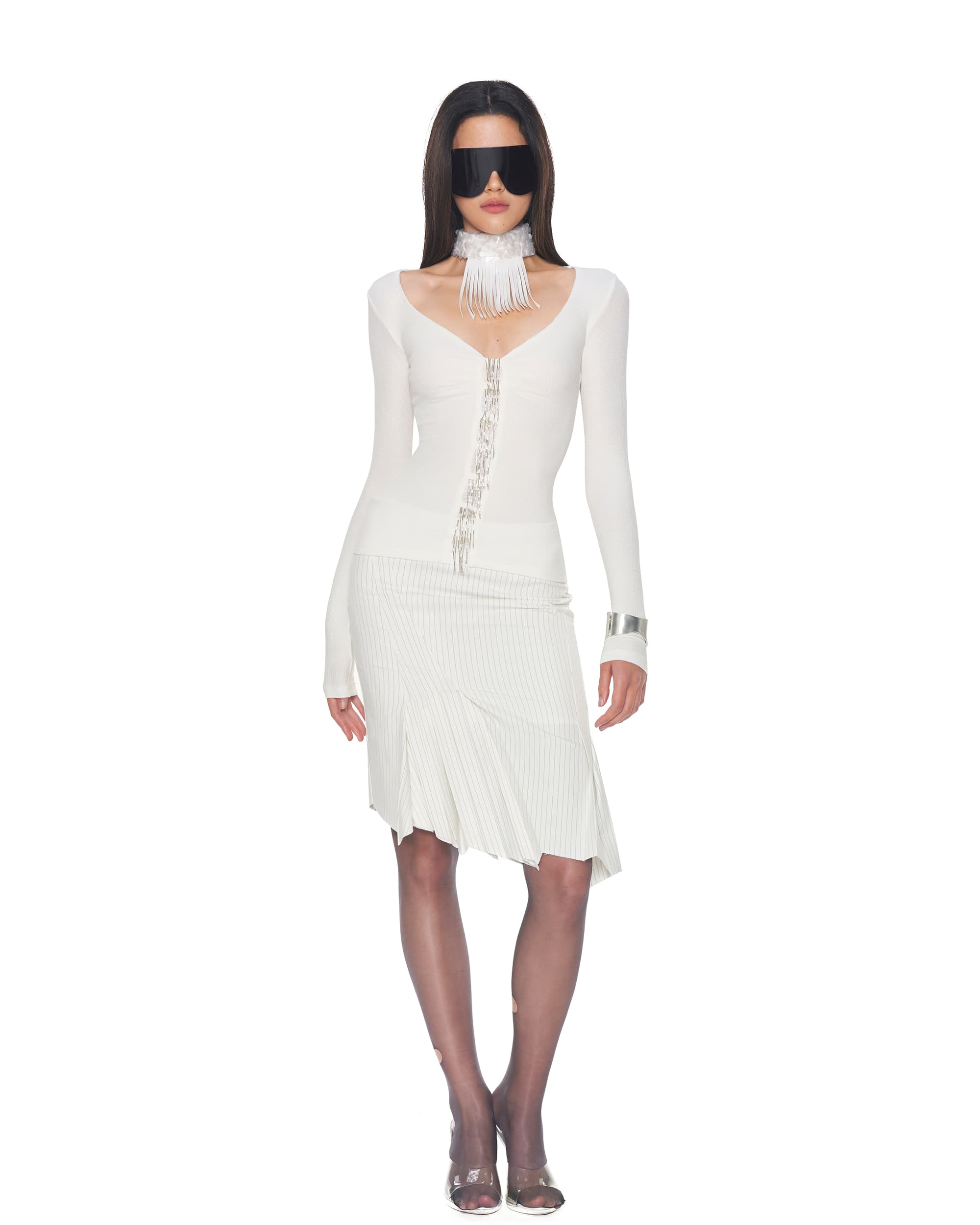 NEVER OFFEND L ANGEL Asymmetric Hem Stripe Double-Layer Pleated Skirt