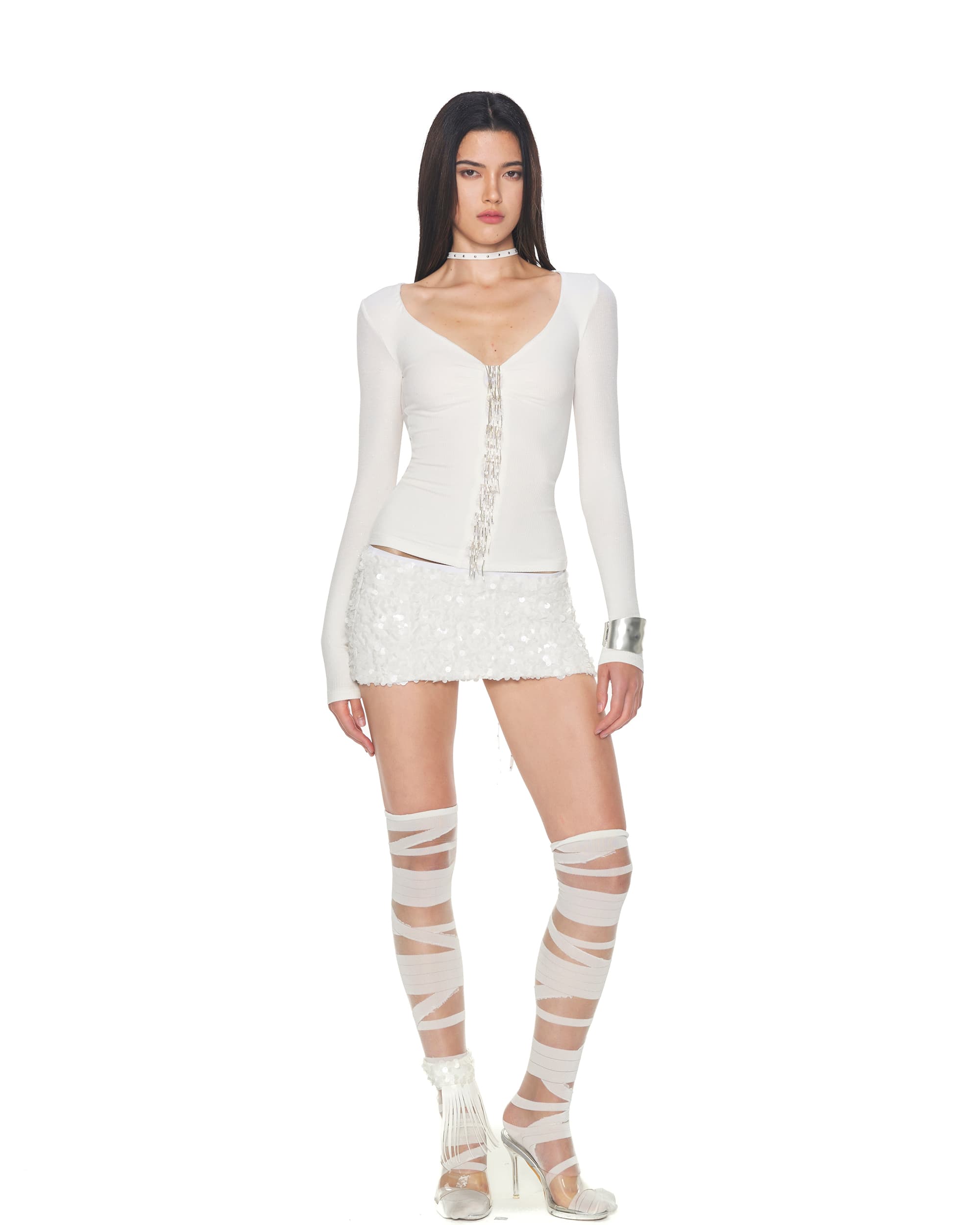 NEVER OFFEND L ANGEL Sparkle Fringe V-Neck Long-Sleeve Top