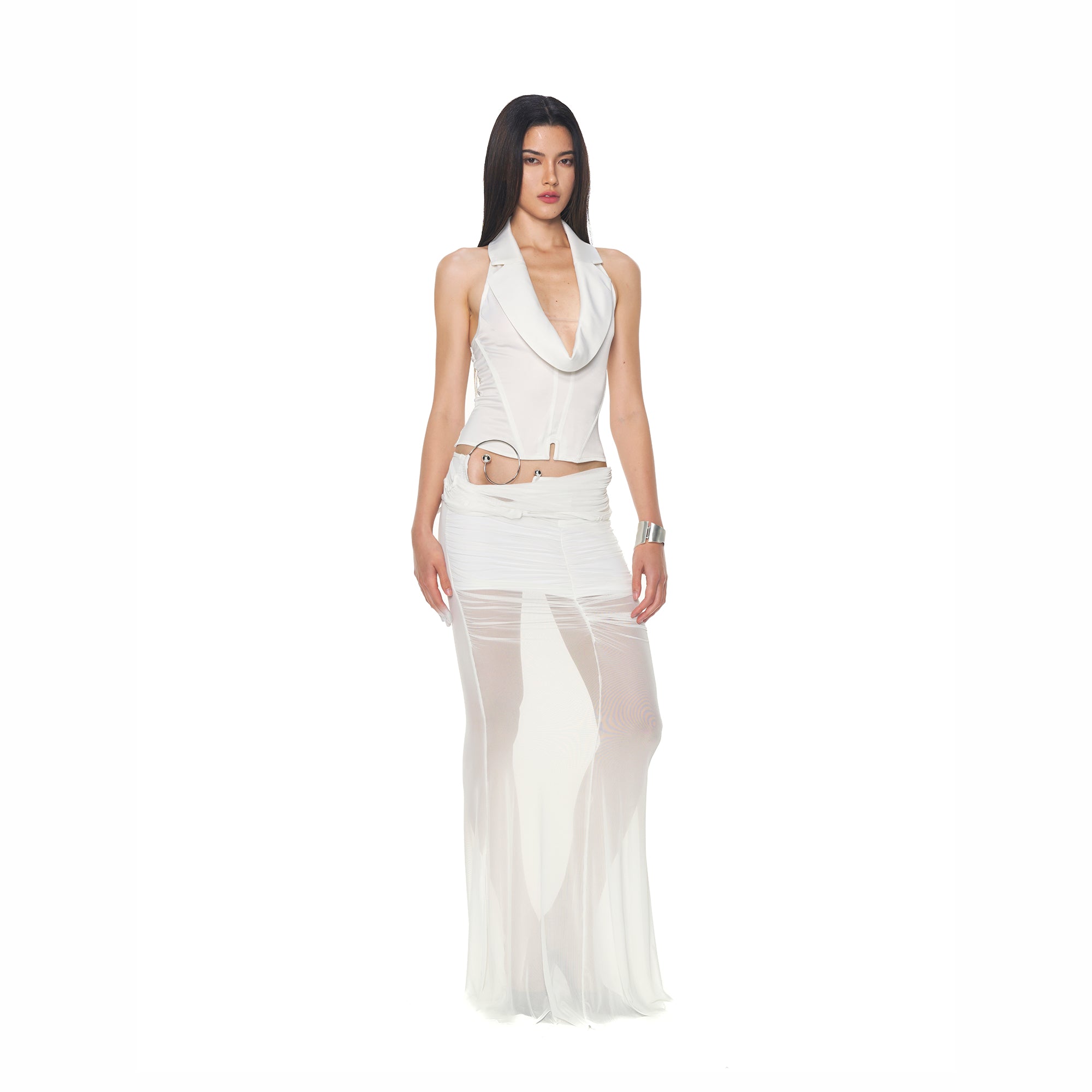 NEVER OFFEND L Angel Deconstructed Cutout Halter Sheer Maxi Dress