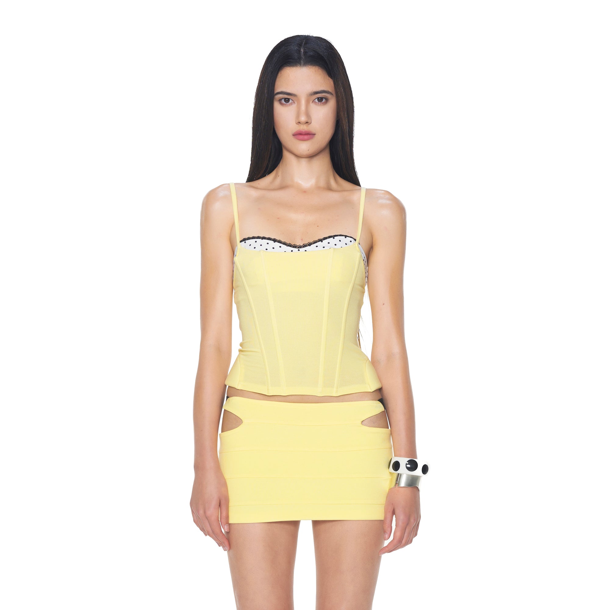 NEVER OFFEND L ANGEL Lace-Trim Corset Cami And Cutout Mini Skirt Set