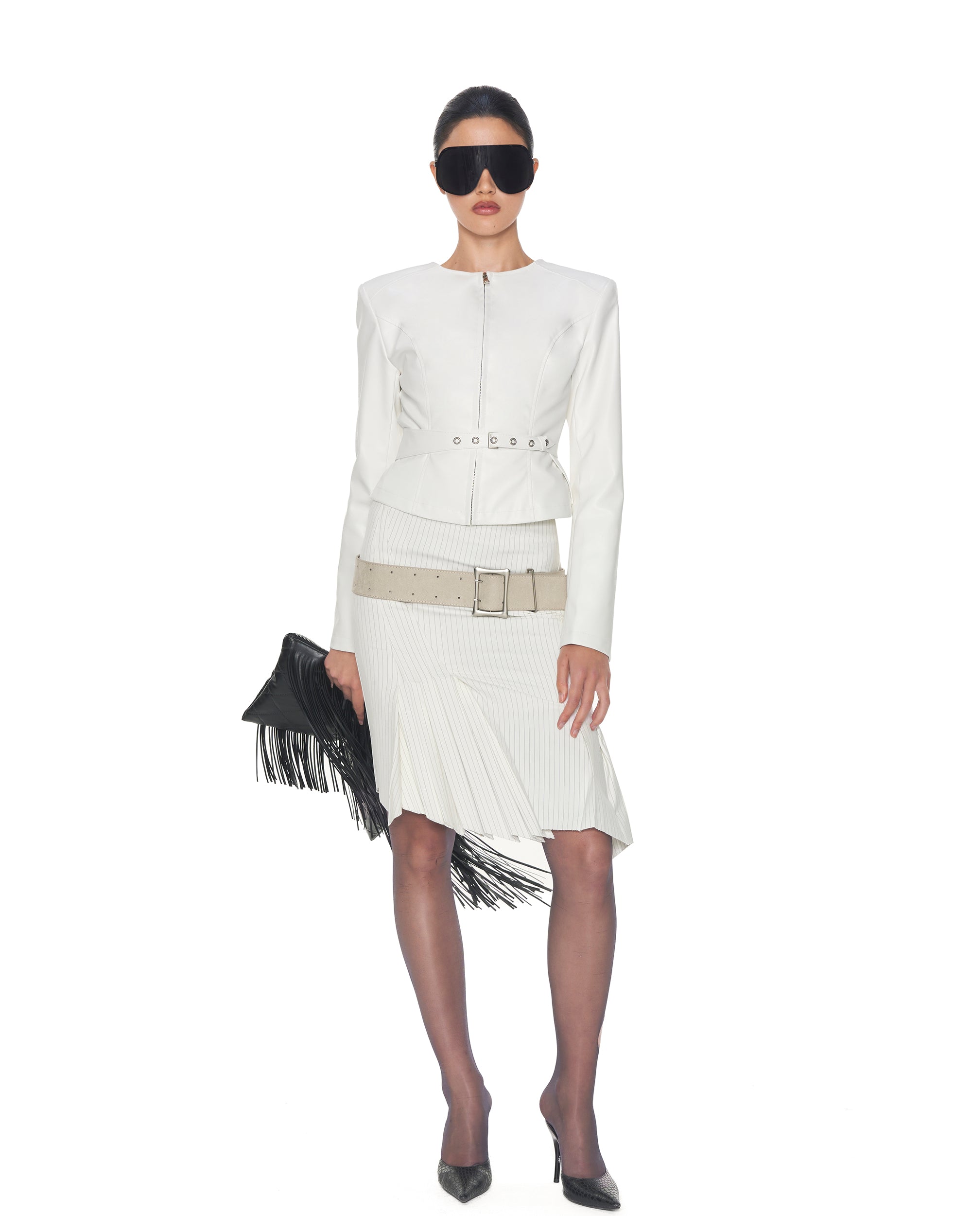 NEVER OFFEND L ANGEL Asymmetric Hem Stripe Double-Layer Pleated Skirt
