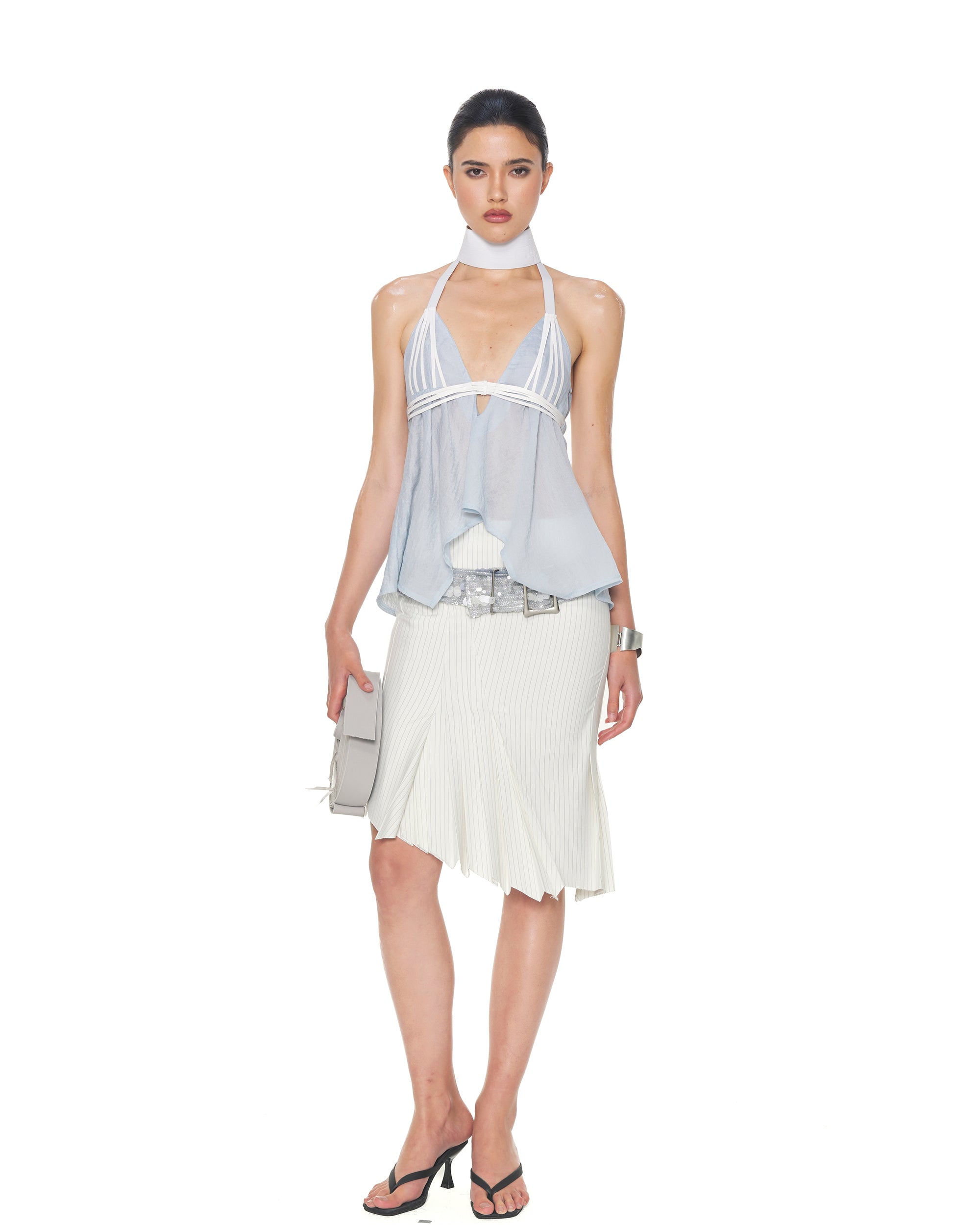 NEVER OFFEND L ANGEL Asymmetric Hem Stripe Double-Layer Pleated Skirt