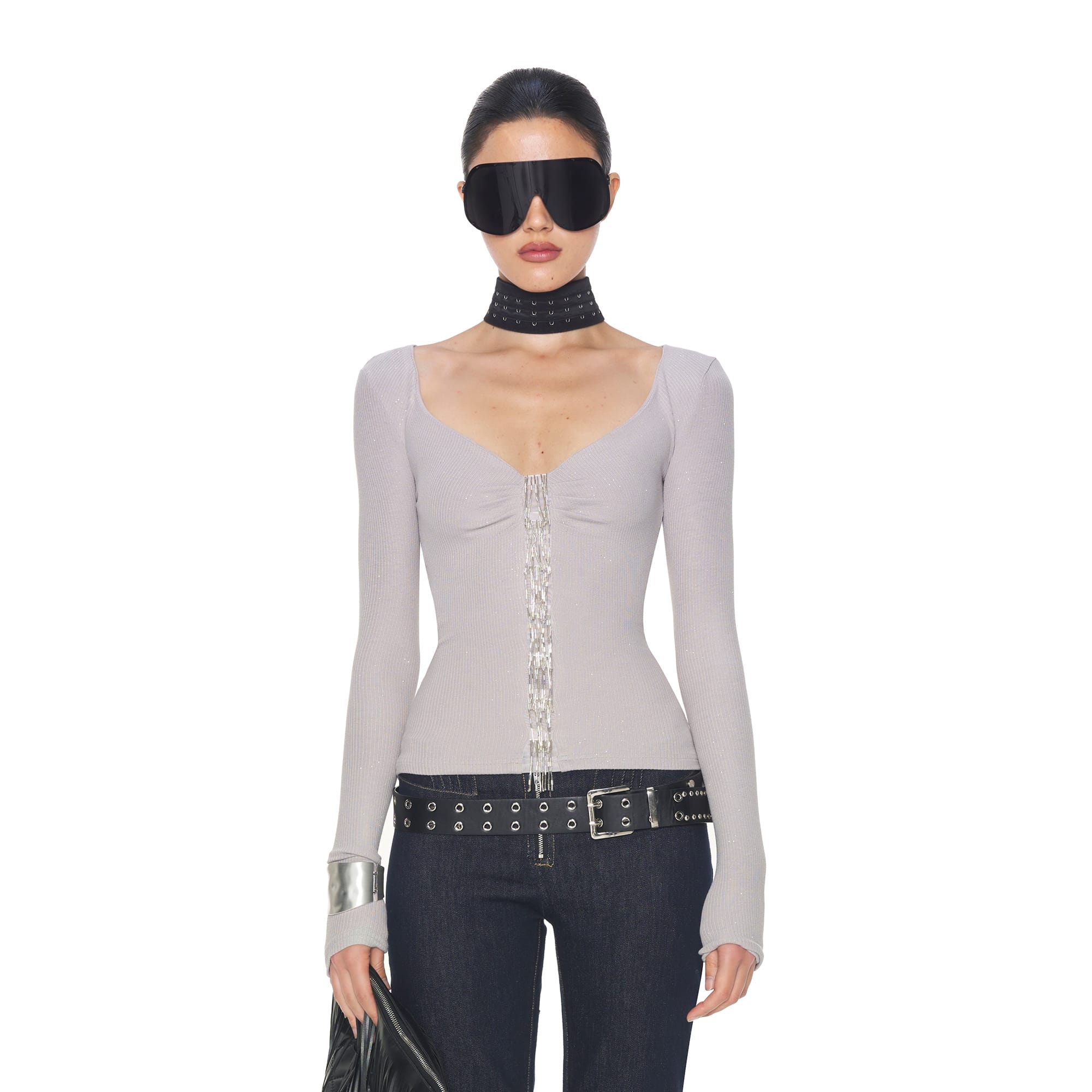 NEVER OFFEND L ANGEL Sparkle Fringe V-Neck Long-Sleeve Top