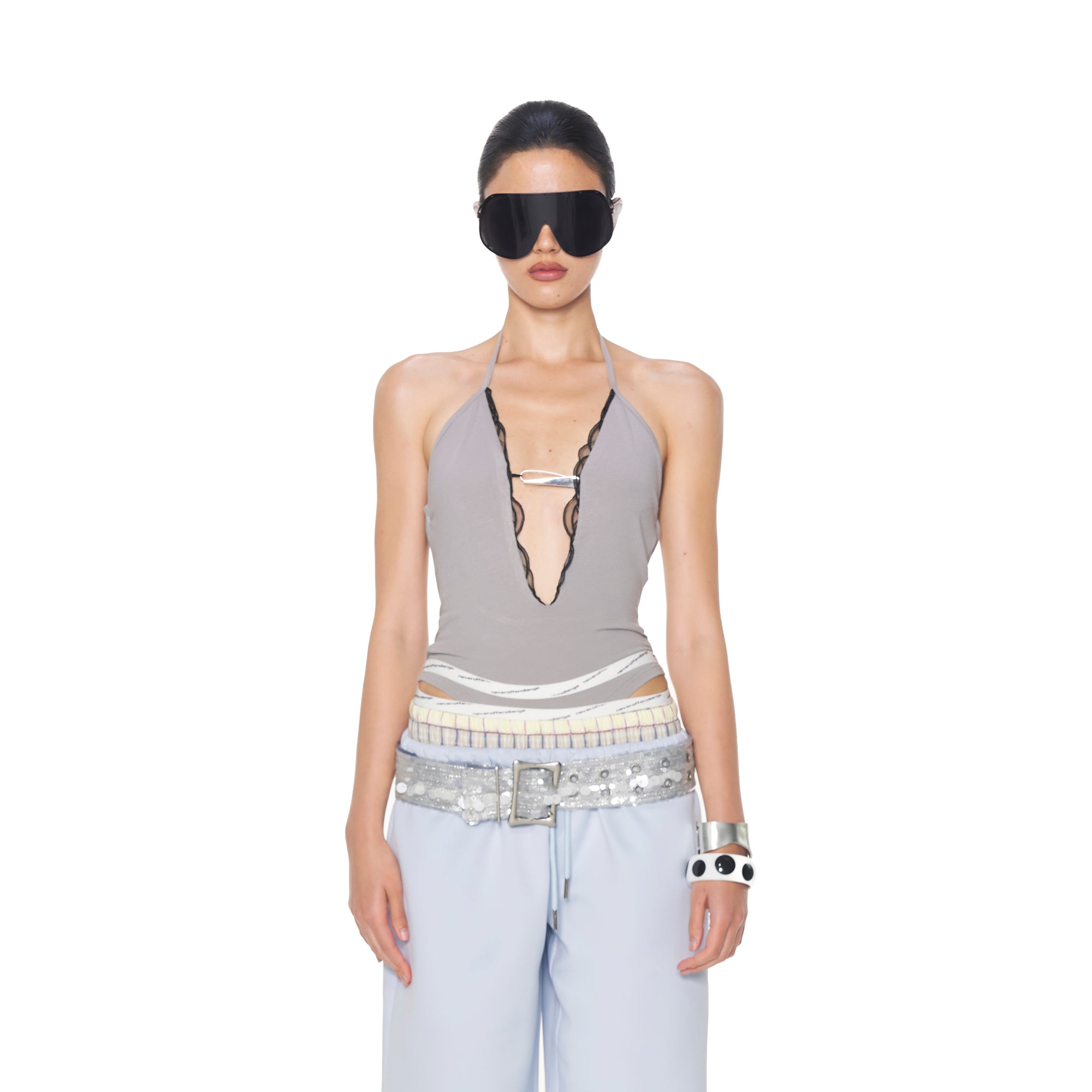 NEVER OFFEND L ANGEL Deep-V Mesh-Insert Halter Bodysuit