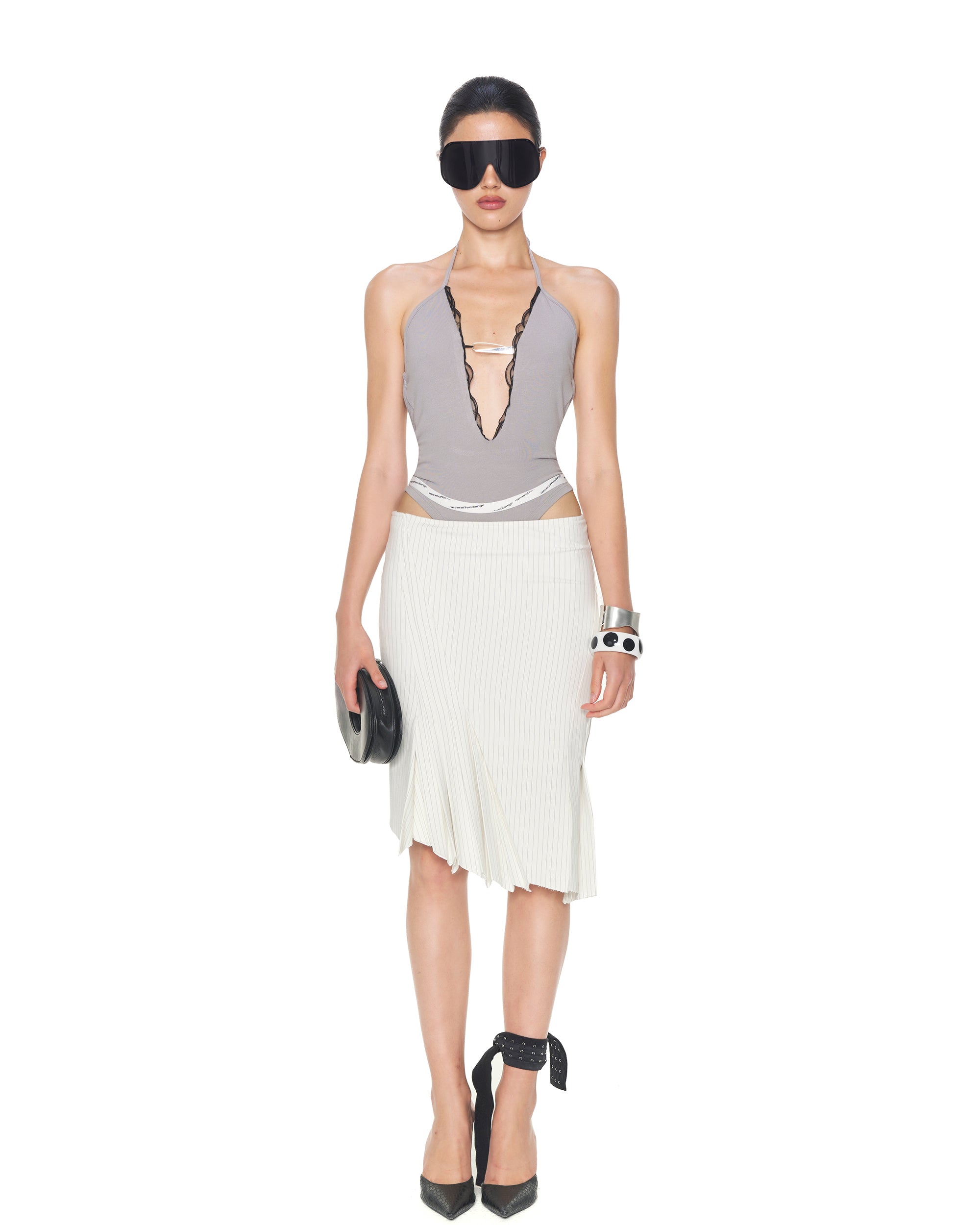 NEVER OFFEND L ANGEL Deep-V Mesh-Insert Halter Bodysuit