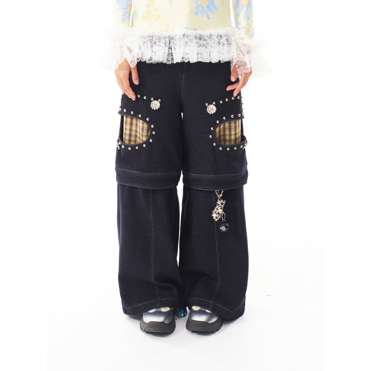 SILLYSIS Rivet Cut-Out Double-Knee Layered Jeans — square · front