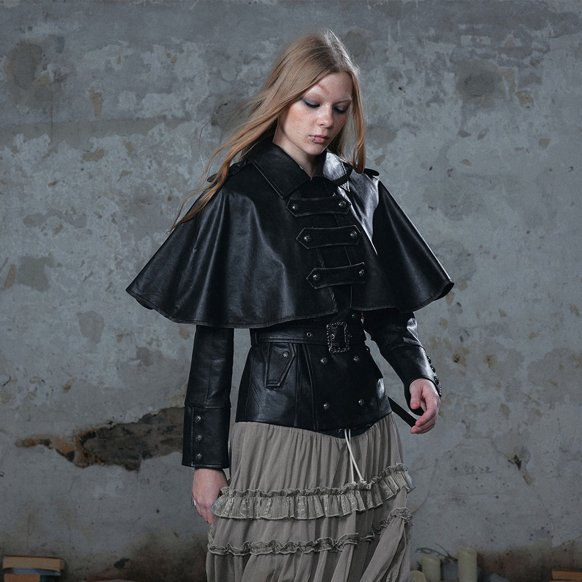 CESTNOUS Retro Washed Detachable Cape Belted Faux Leather Jacket — square · front