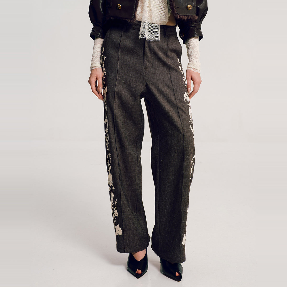 AWOKENTIME Floral Embroidered Linen-Blend Flared Trousers — square · front