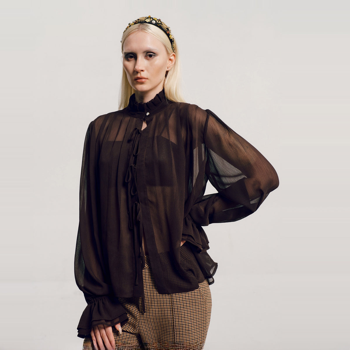 AWOKENTIME Ruffle Collar Lantern-Sleeve Sheer Black Shirt — square · front · Brown