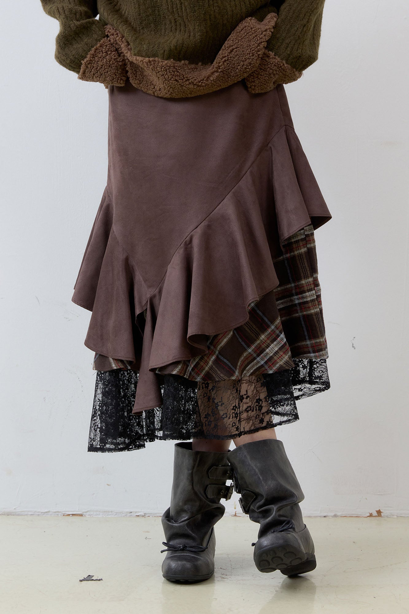 NOESE Asymmetrical Spliced Plaid-Lace Layered Ruffle Skirt