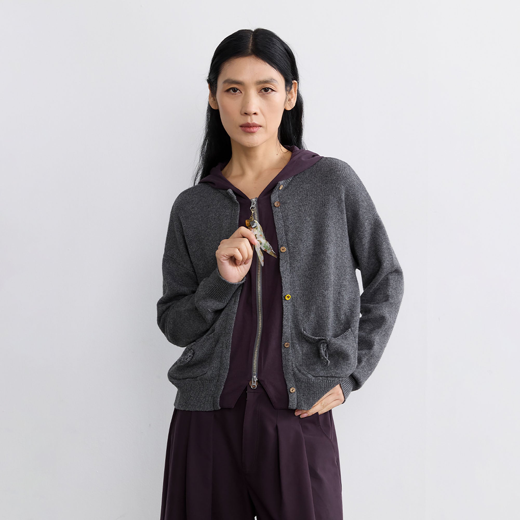 NOESE Faux Layered Hooded Cardigan