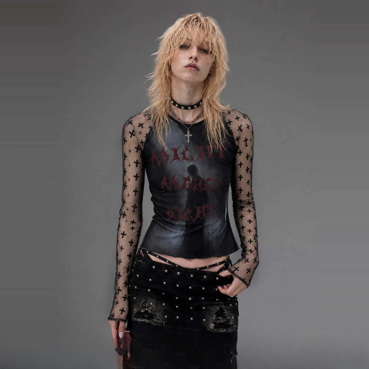 EMOHA Graphic Mesh Slim Long-Sleeve Tee — square · front
