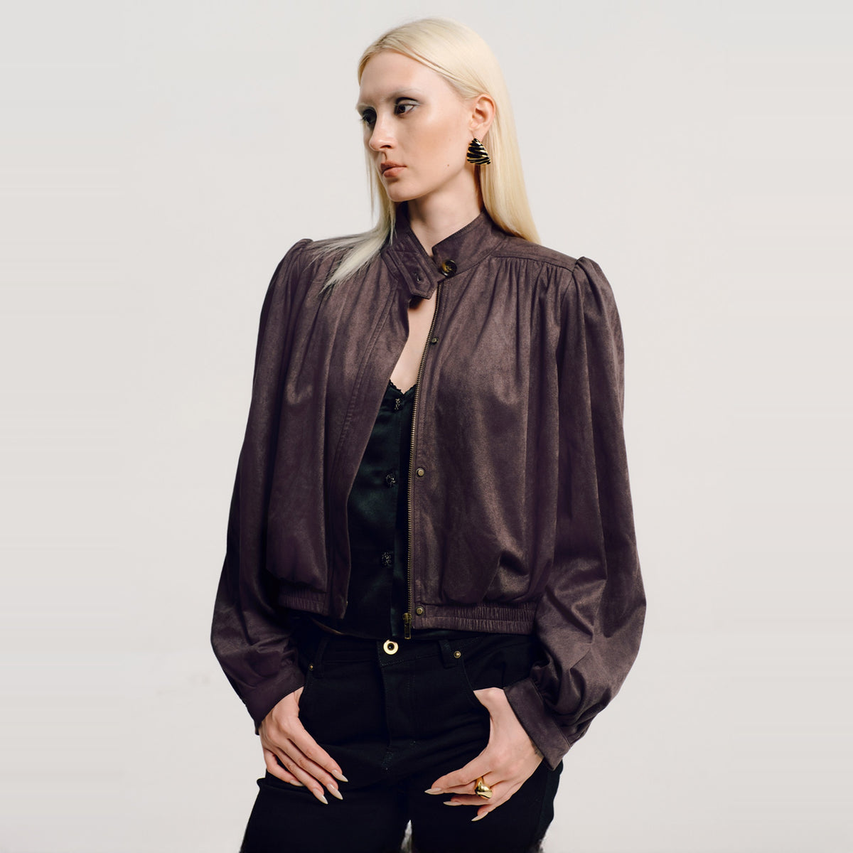 AWOKENTIME Retro Stand-Collar Twist-Button Fleece Jacket — square · front