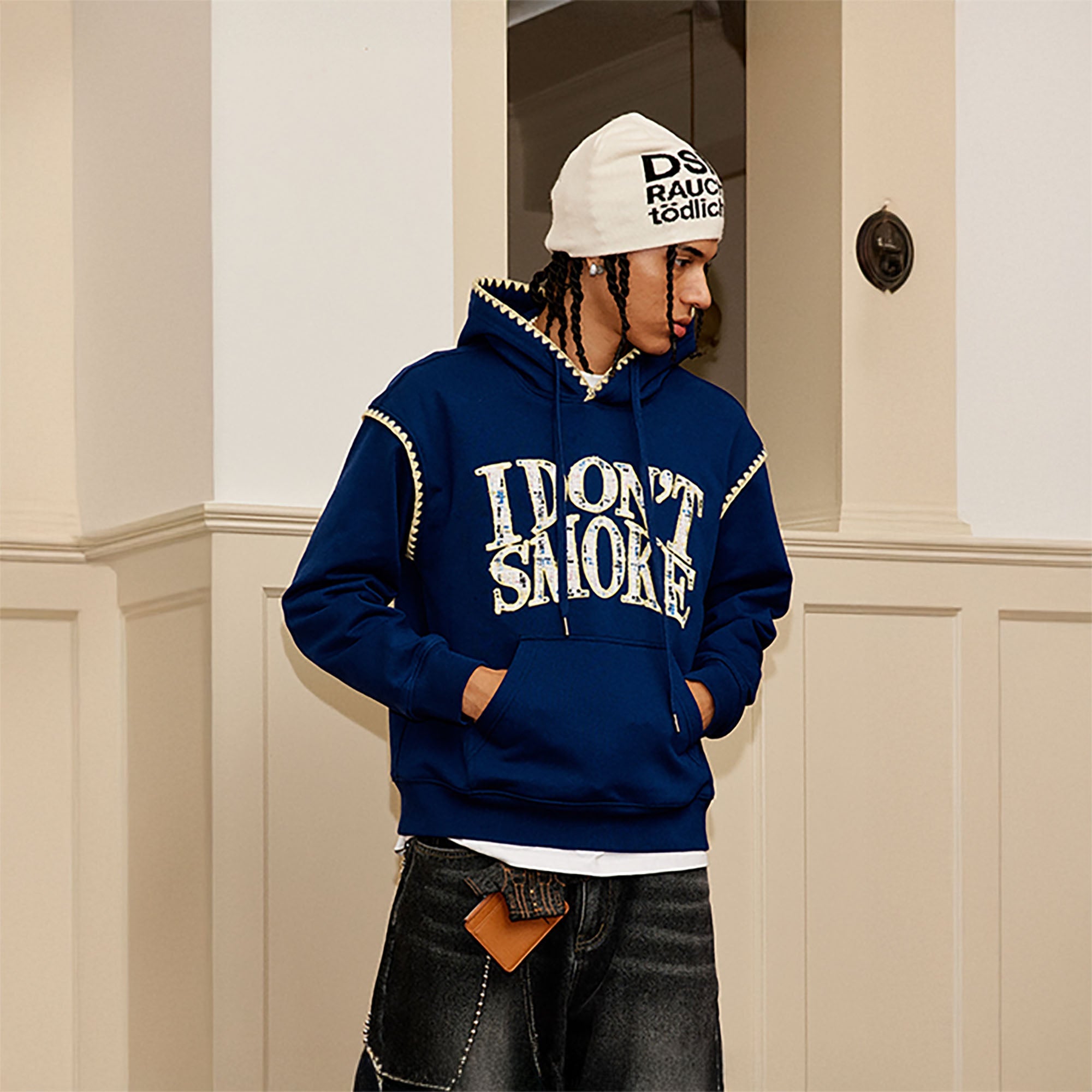DONSMOKE Retro Embroidered Patch Whipstitch Hoodie
