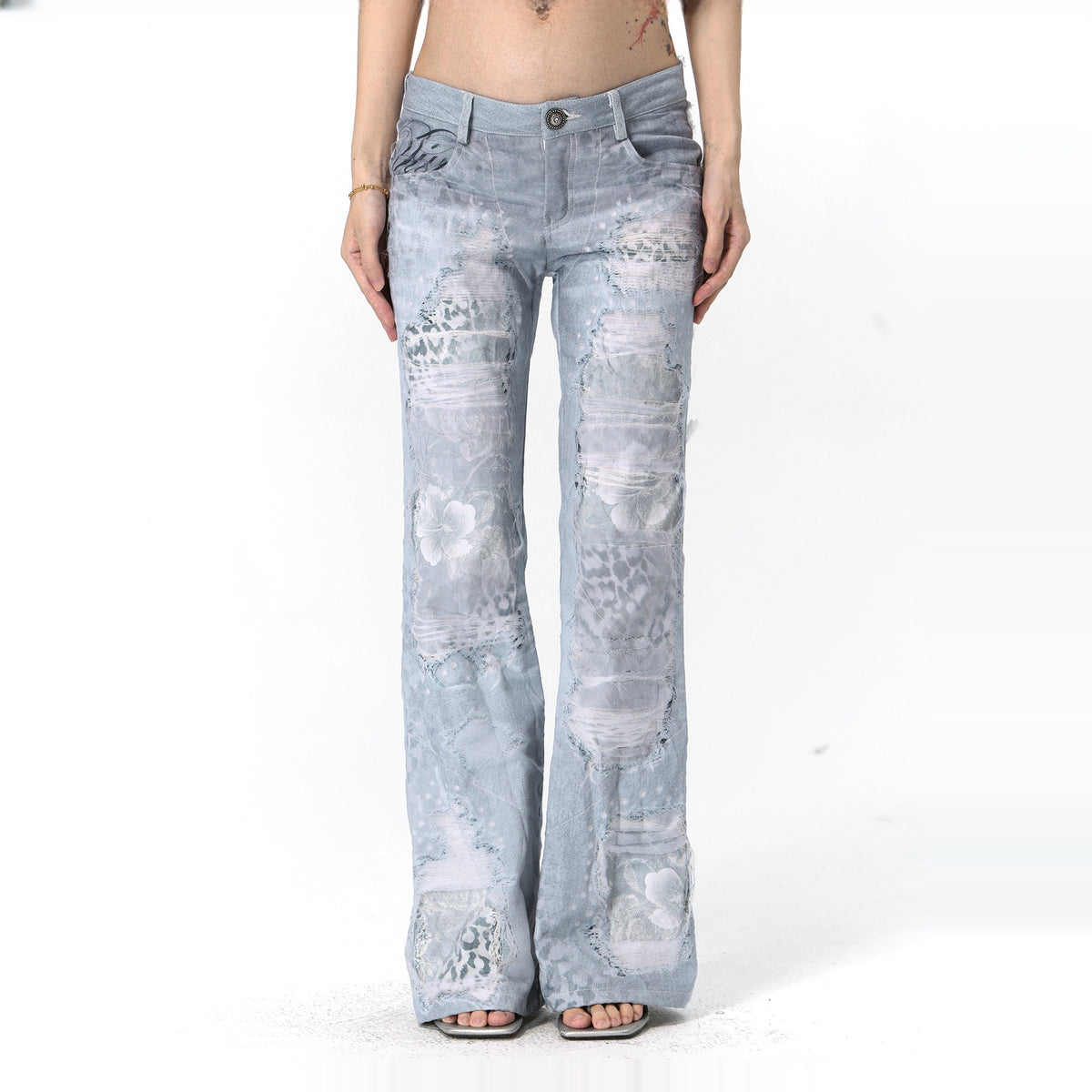 FAYCHUI Washed Leopard-Print Distressed Mesh-Overlay Slim Flared Jeans — square · front