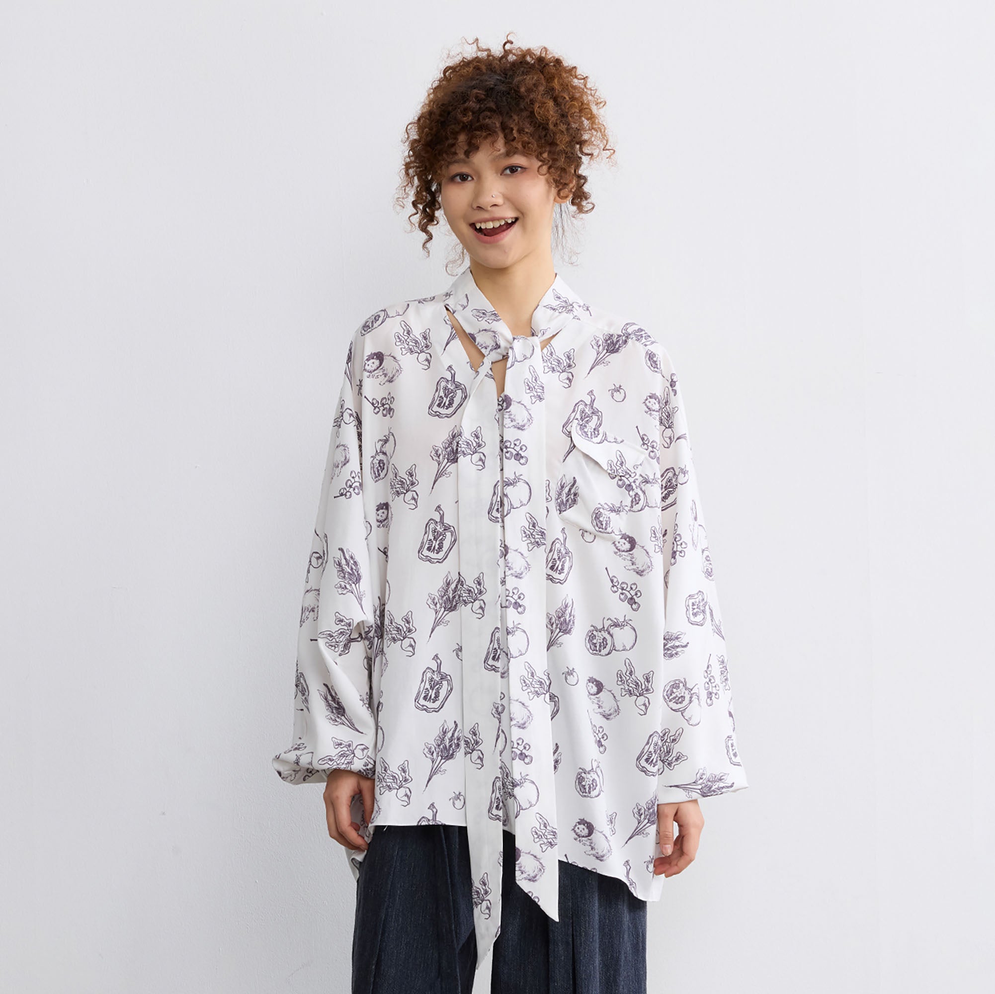 NOESE Botanical Full-Print Tie-Neck Blouse