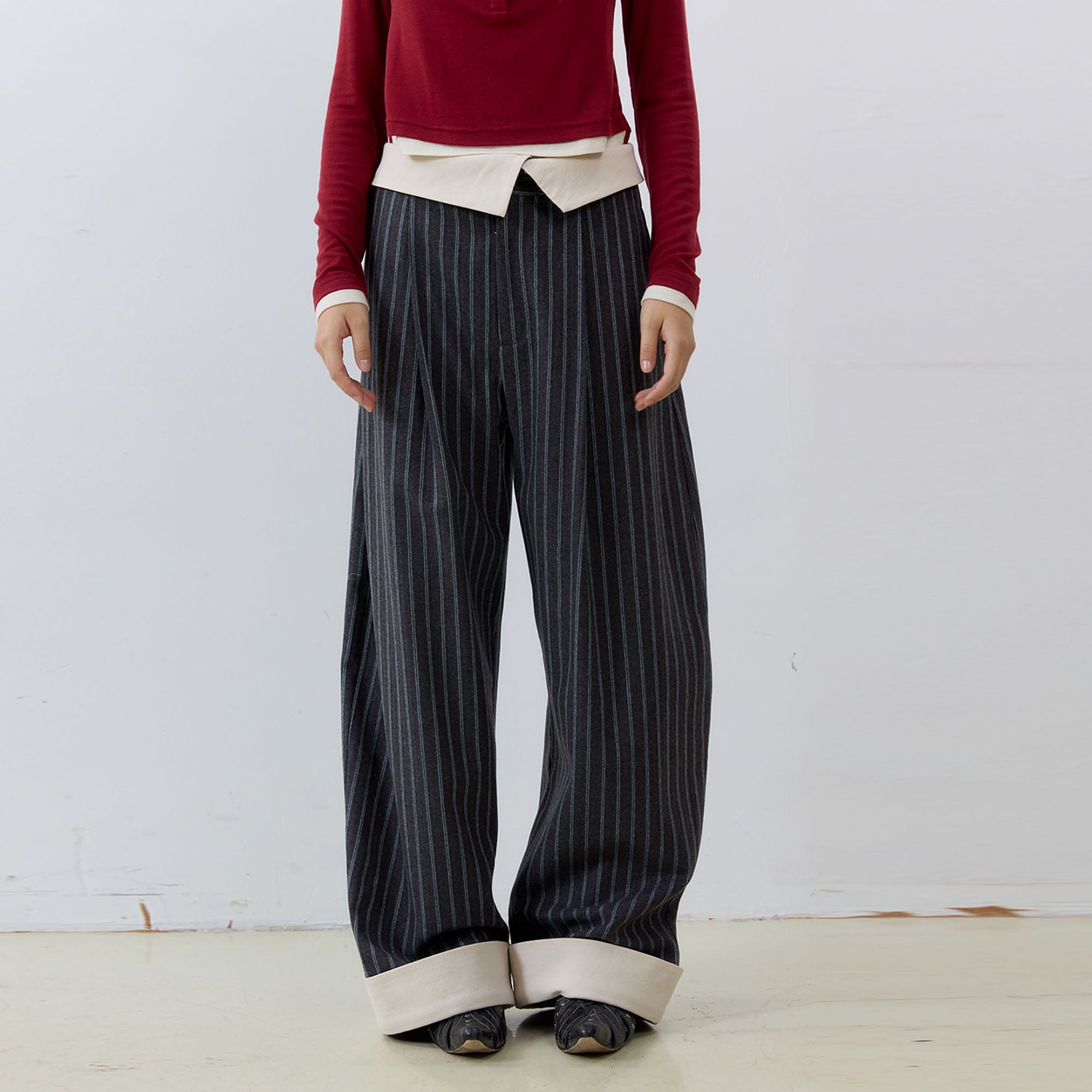 NOESE Foldover Waist Pinstripe Wool-Blend Wide-Leg Trousers