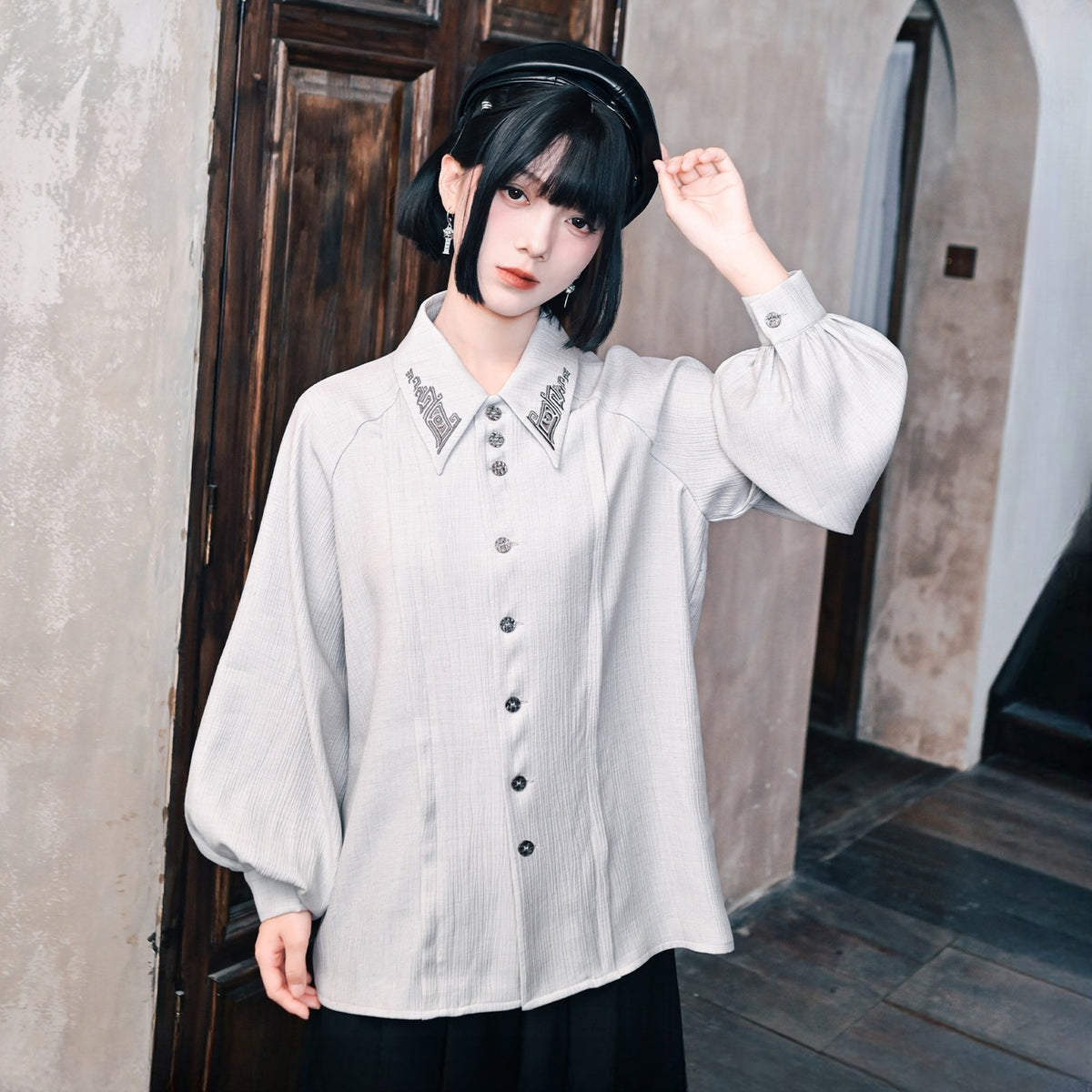 GUGUAI Retro Embroidered Lantern-Sleeve Shirt — square · front · C226 Embroidered Long Sleeve Shirt