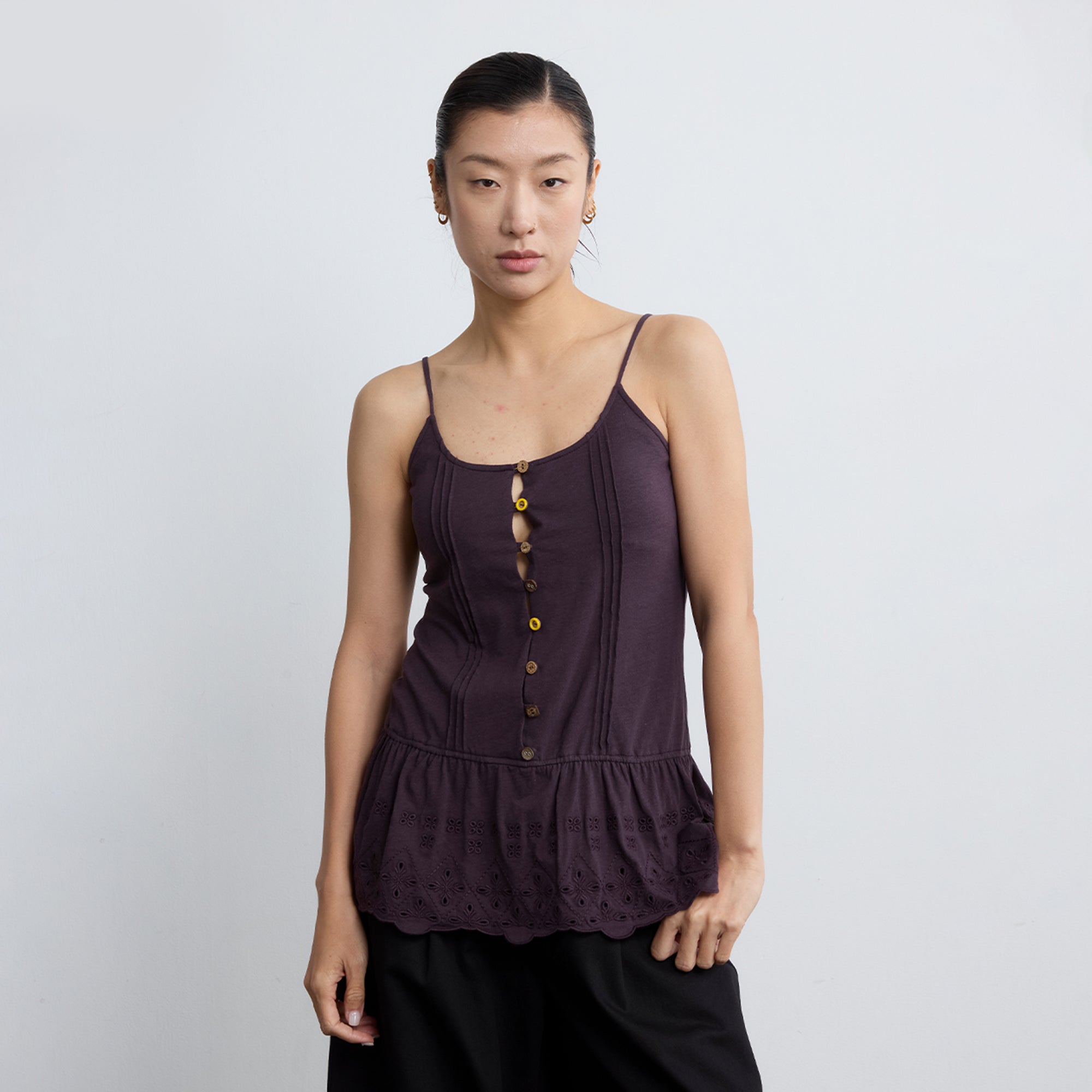 NOESE Button Eyelet Peplum Cami Top