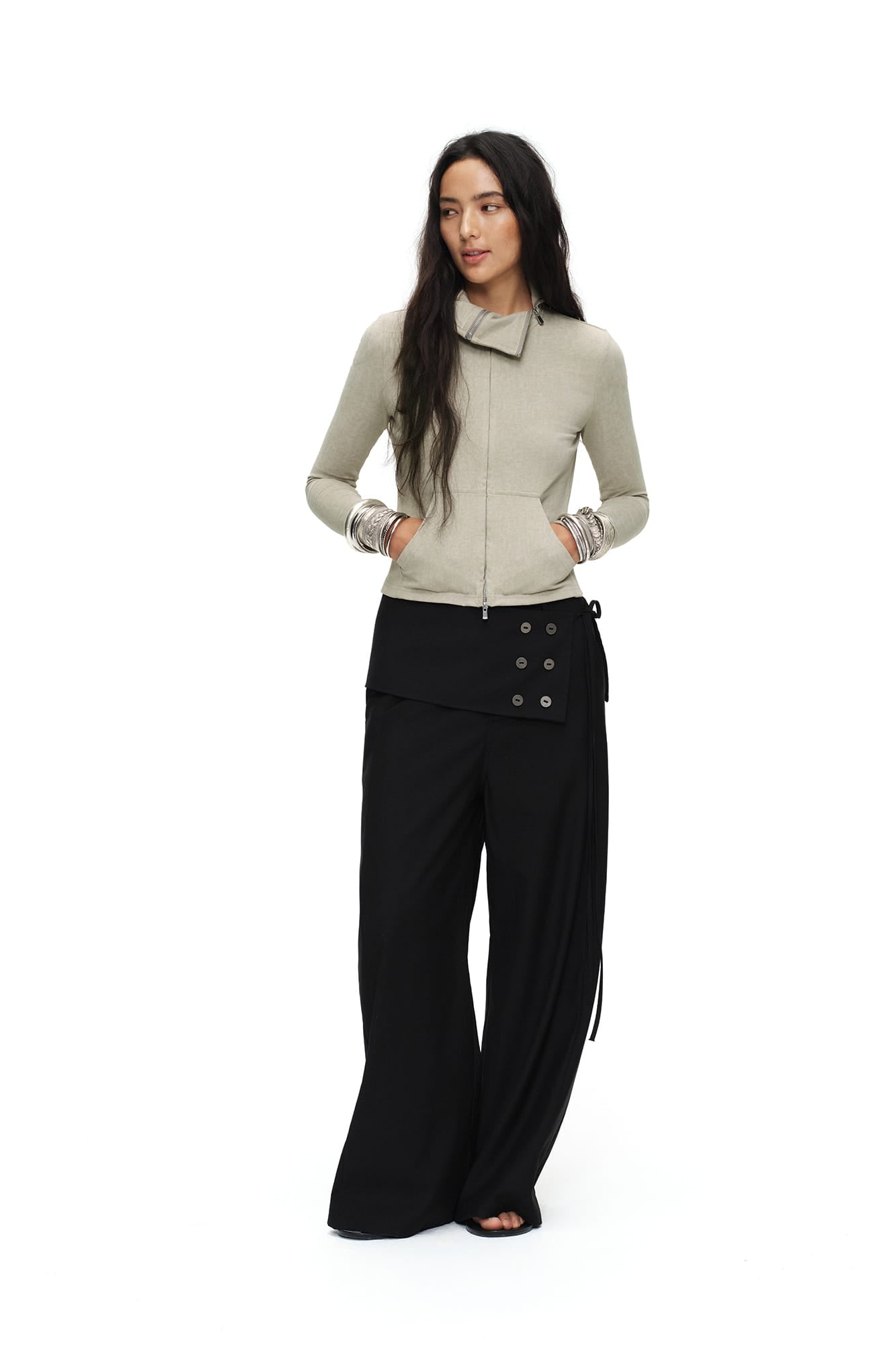 OINIMI Detachable Buttoned Wrap-Front Wide-Leg Pants