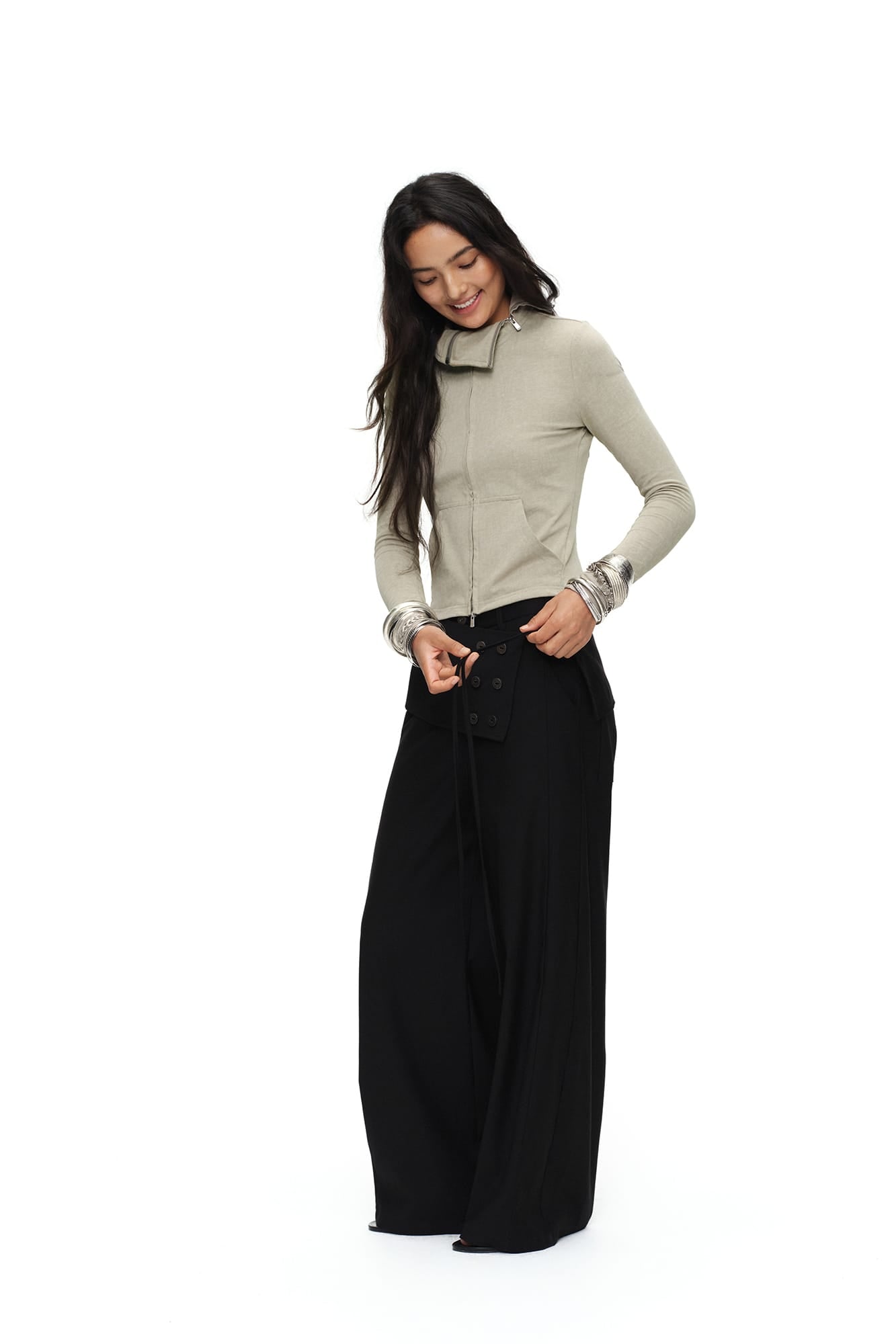 OINIMI Detachable Buttoned Wrap-Front Wide-Leg Pants