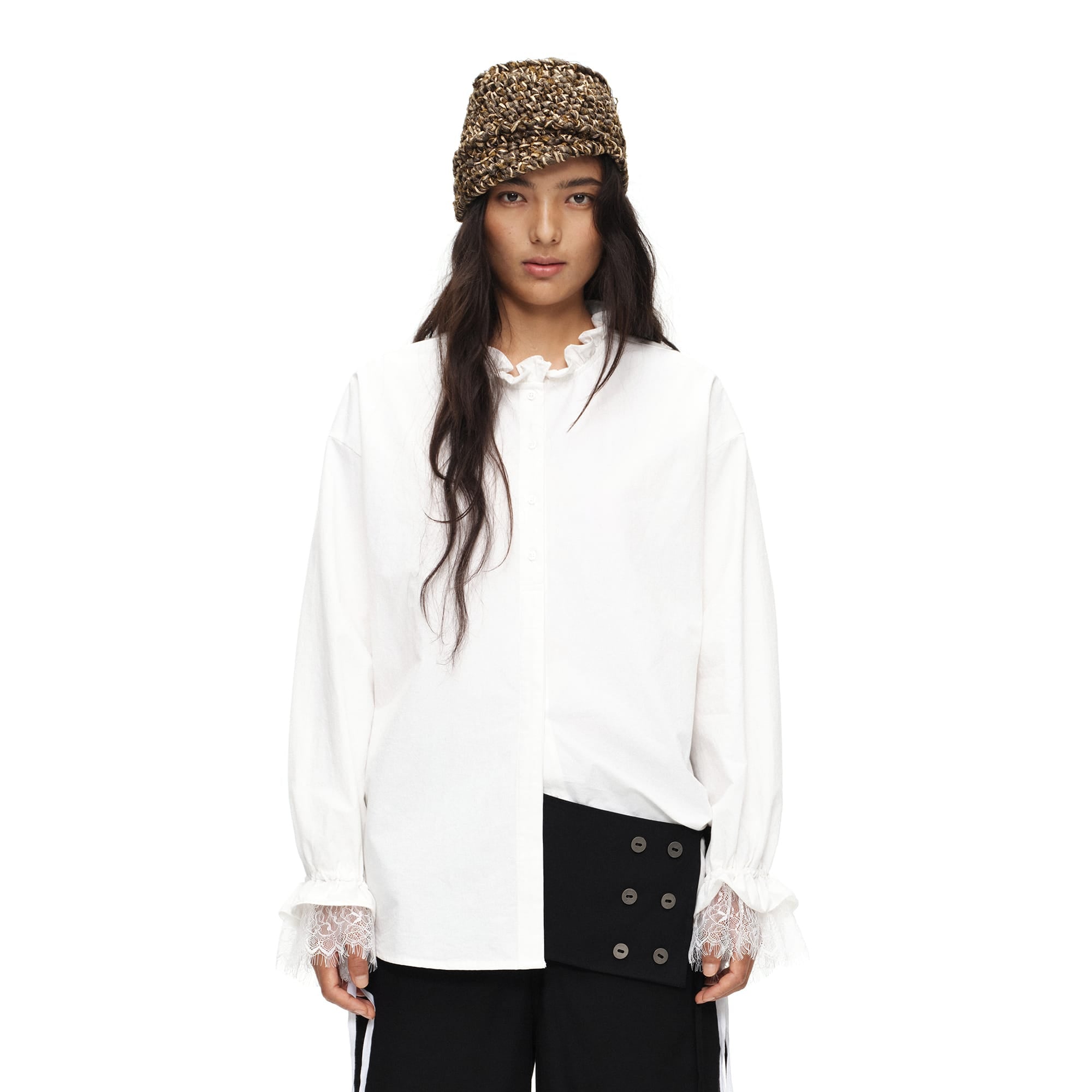 OINIMI Ruffled Collar Lace Drawstring-Cuff Shirt