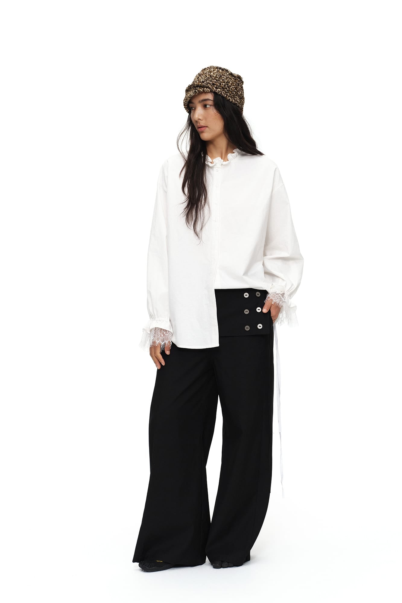 OINIMI Ruffled Collar Lace Drawstring-Cuff Shirt