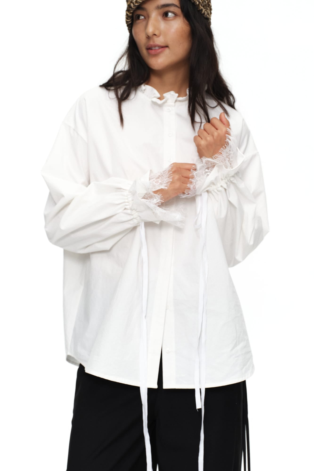 OINIMI Ruffled Collar Lace Drawstring-Cuff Shirt