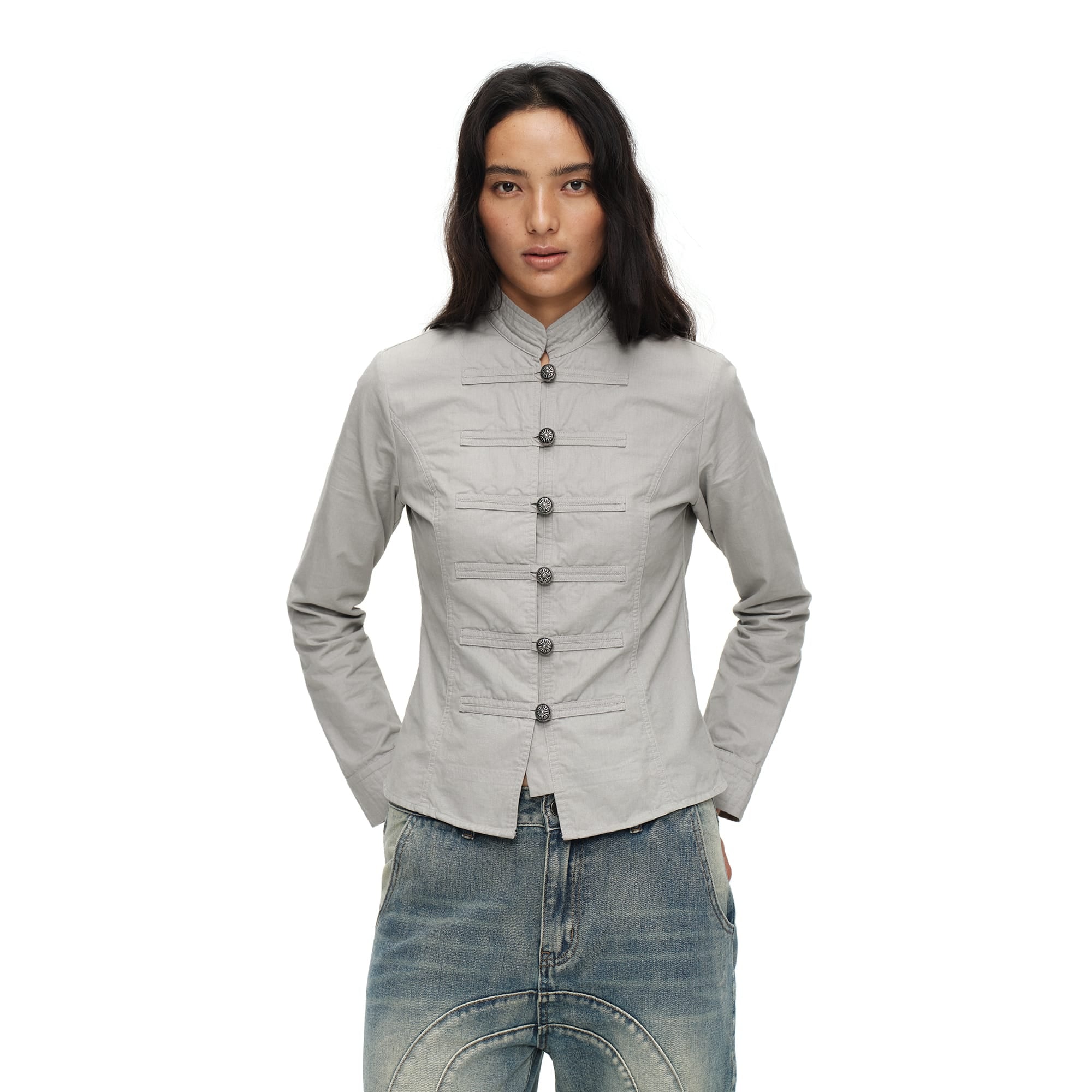 OINIMI Band-Collar Strap-Front Button-Up Jacket