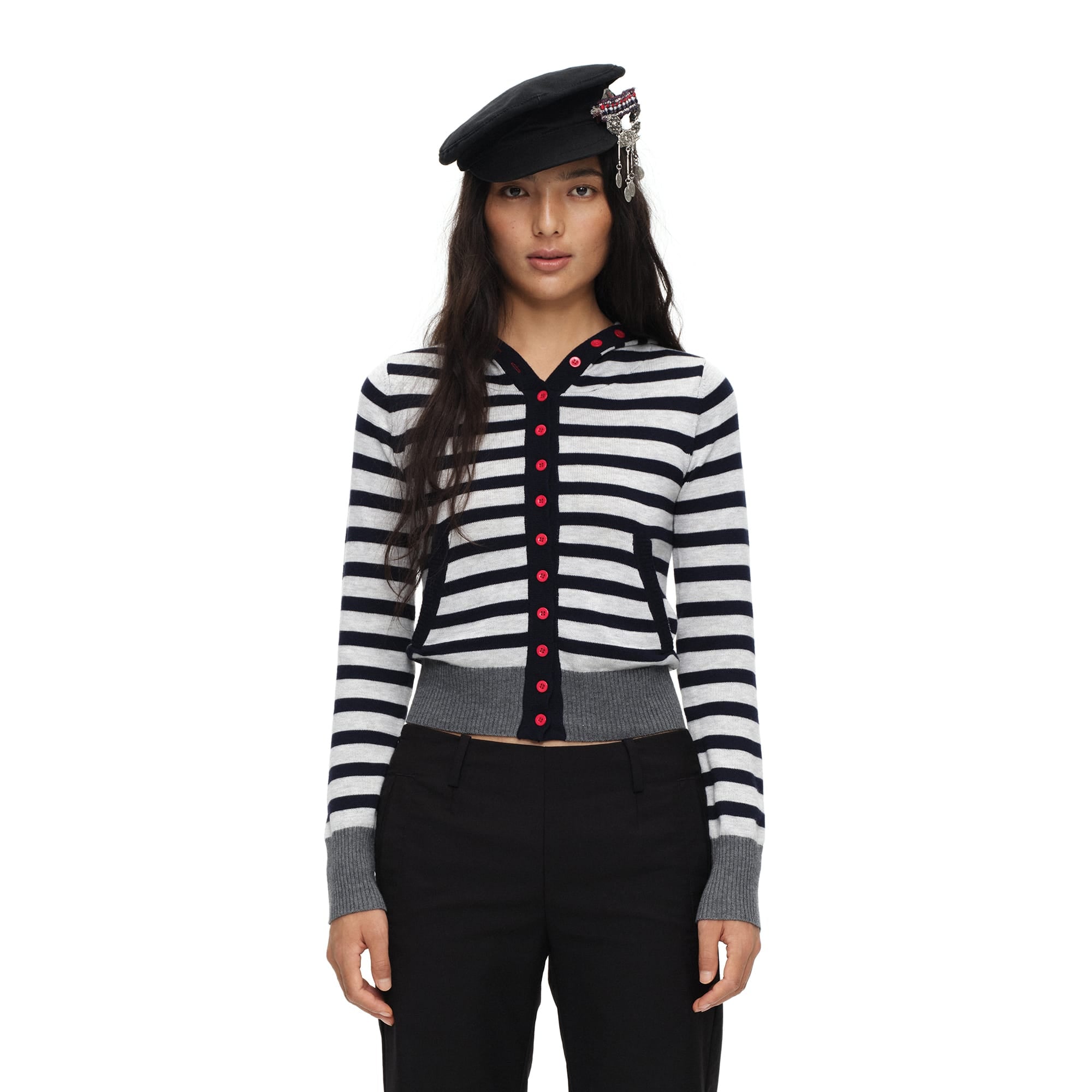 OINIMI Striped Hooded Contrast-Button Cardigan