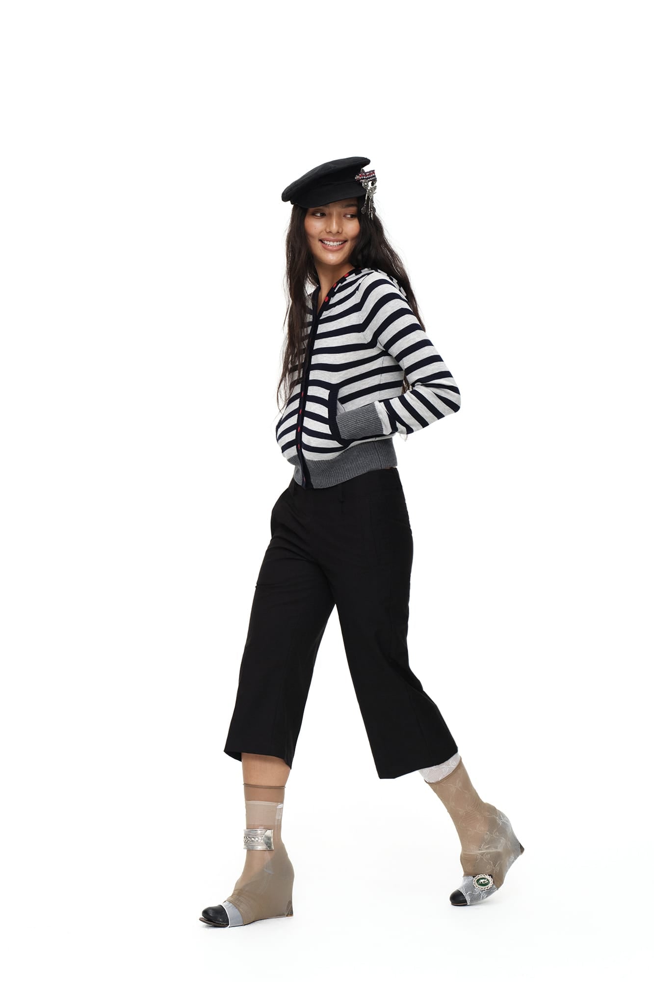 OINIMI Striped Hooded Contrast-Button Cardigan