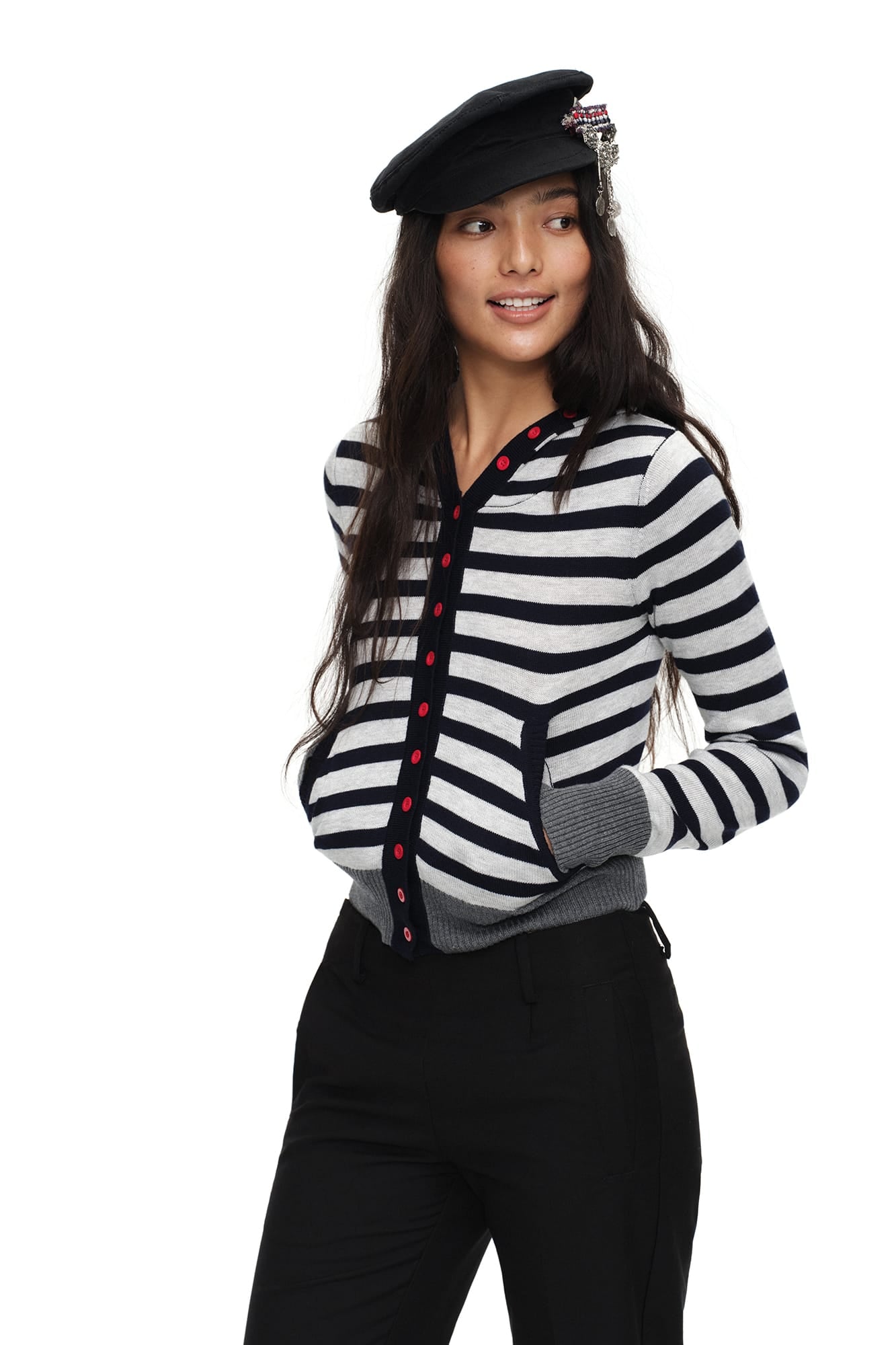 OINIMI Striped Hooded Contrast-Button Cardigan